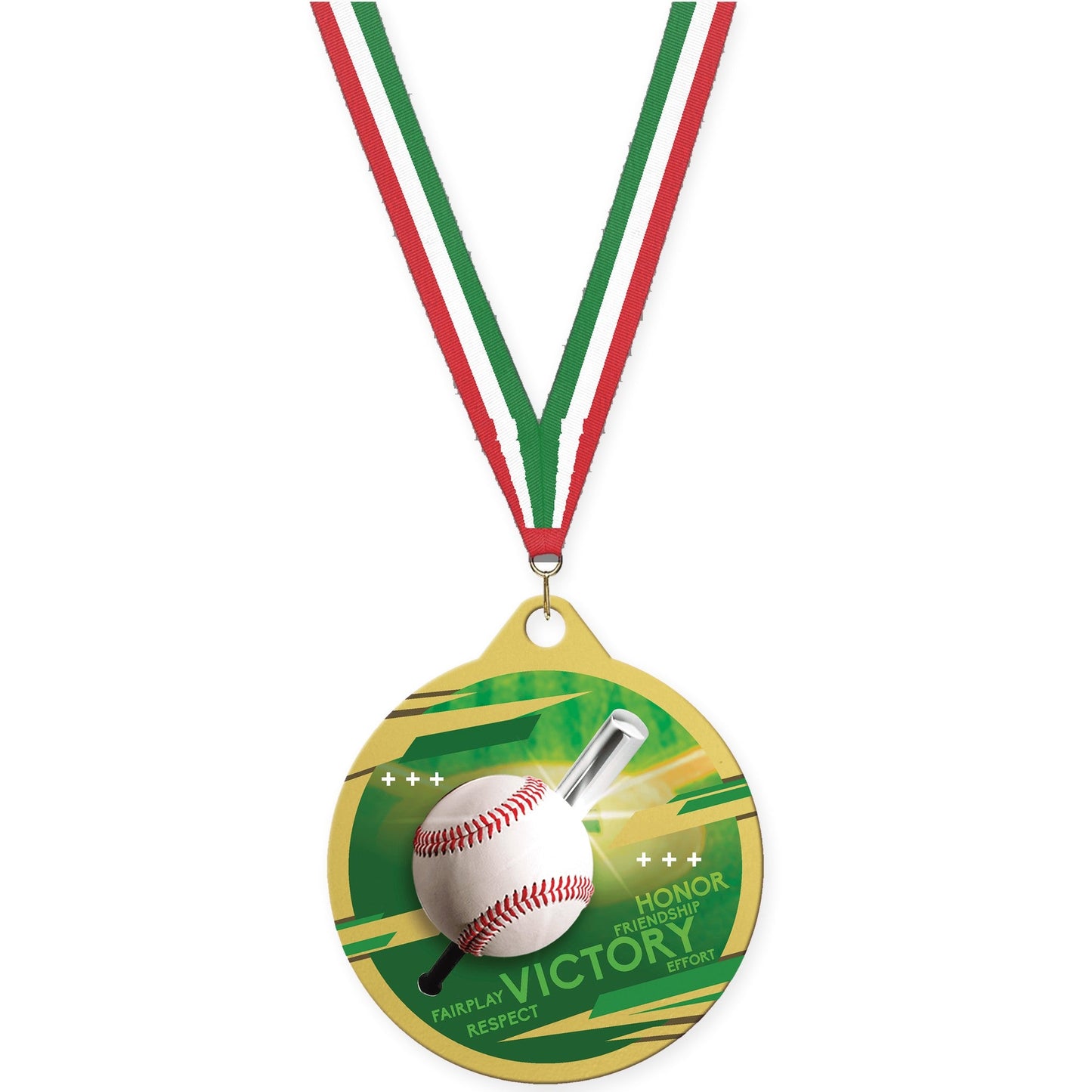 2 inch baseball Inspire medal in gold with Red White Green neck ribbon
