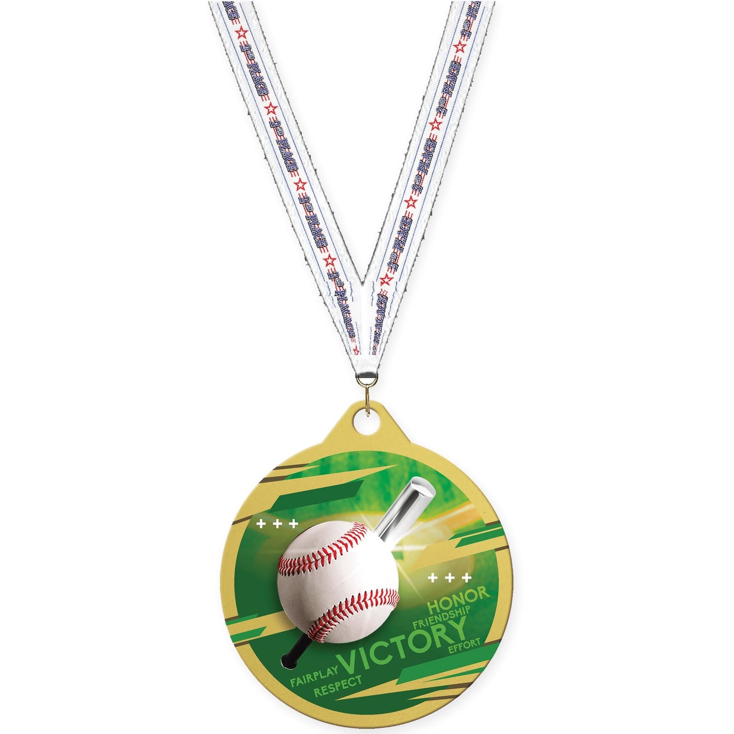 2 inch baseball Inspire medal in gold with 2nd Place neck ribbon