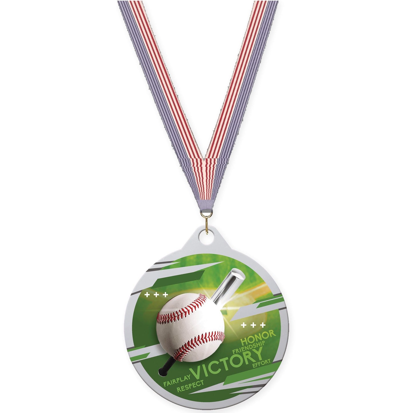 2 inch baseball Inspire medal in silver with USA Flag neck ribbon