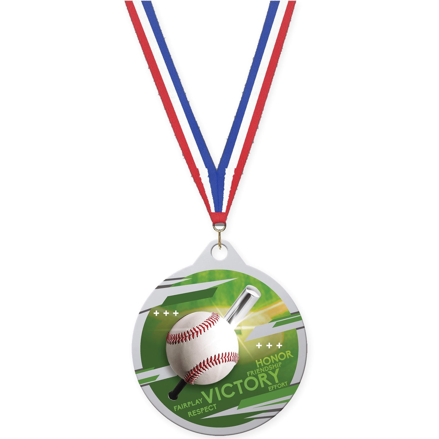 2 inch baseball Inspire medal in silver with Red White Blue neck ribbon