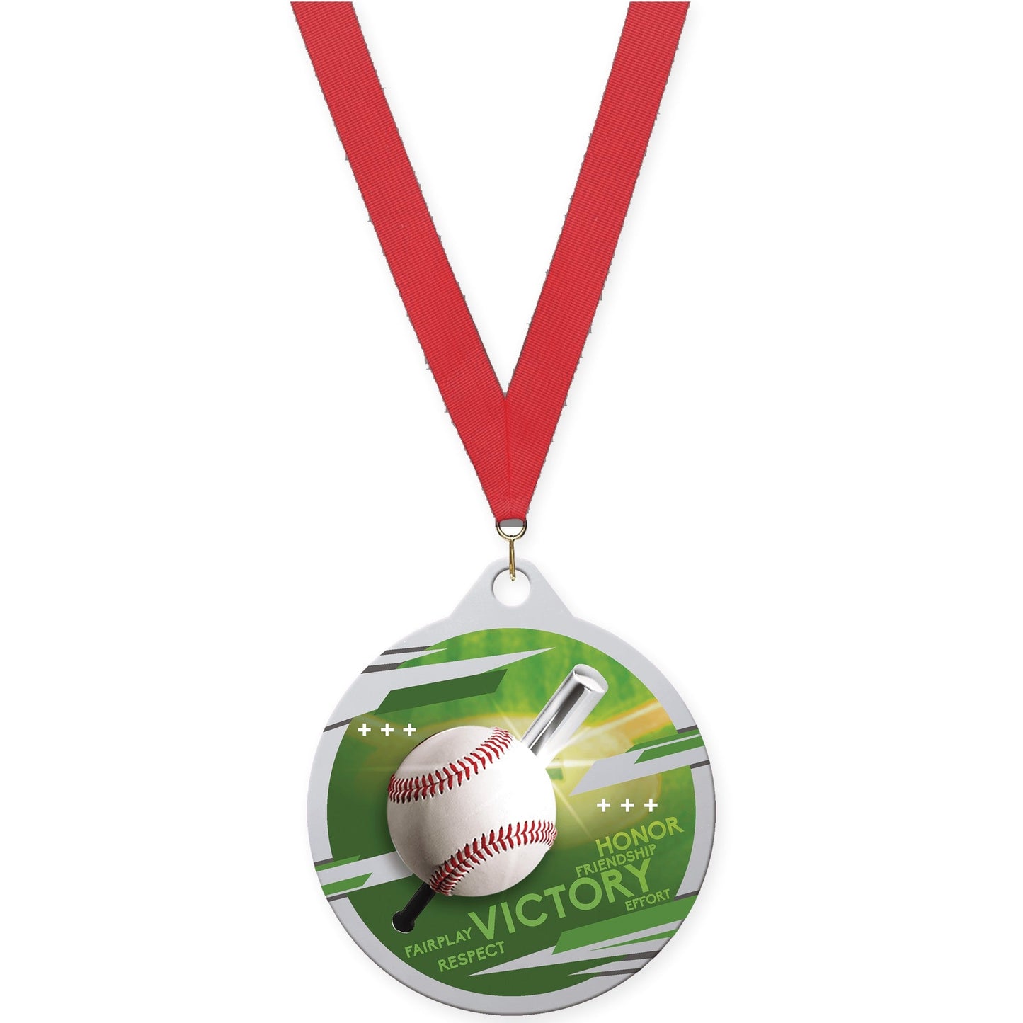 2 inch baseball Inspire medal in silver with Red neck ribbon