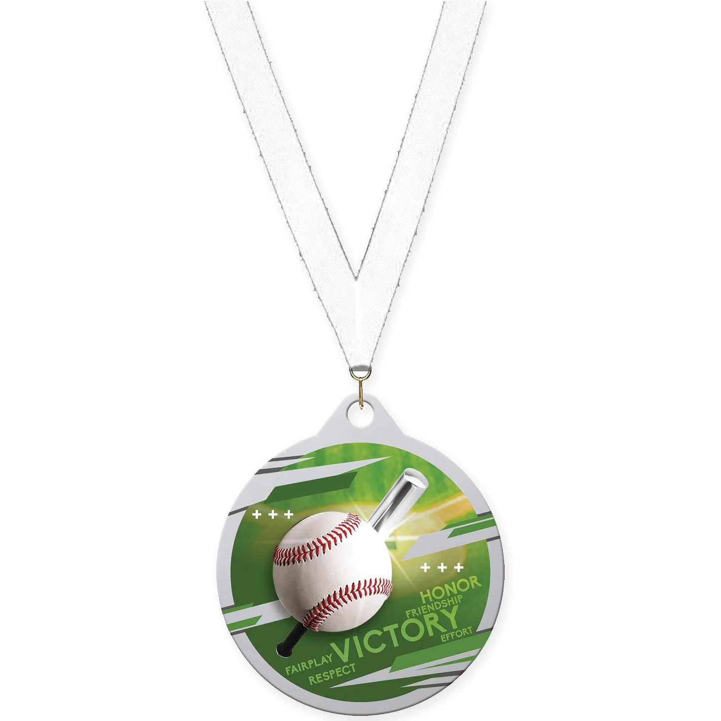 2 inch baseball Inspire medal in silver with White neck ribbon