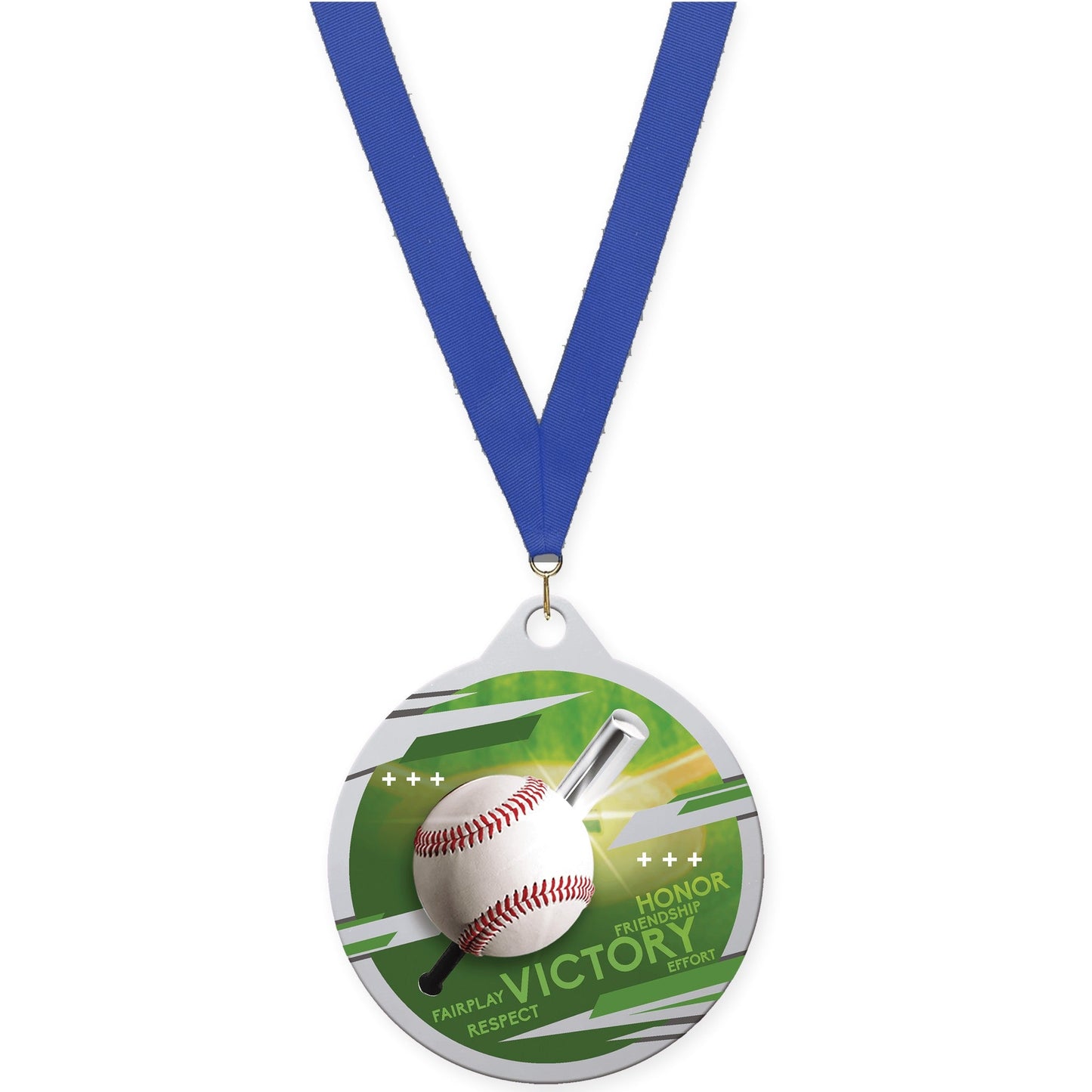 2 inch baseball Inspire medal in silver with Blue neck ribbon