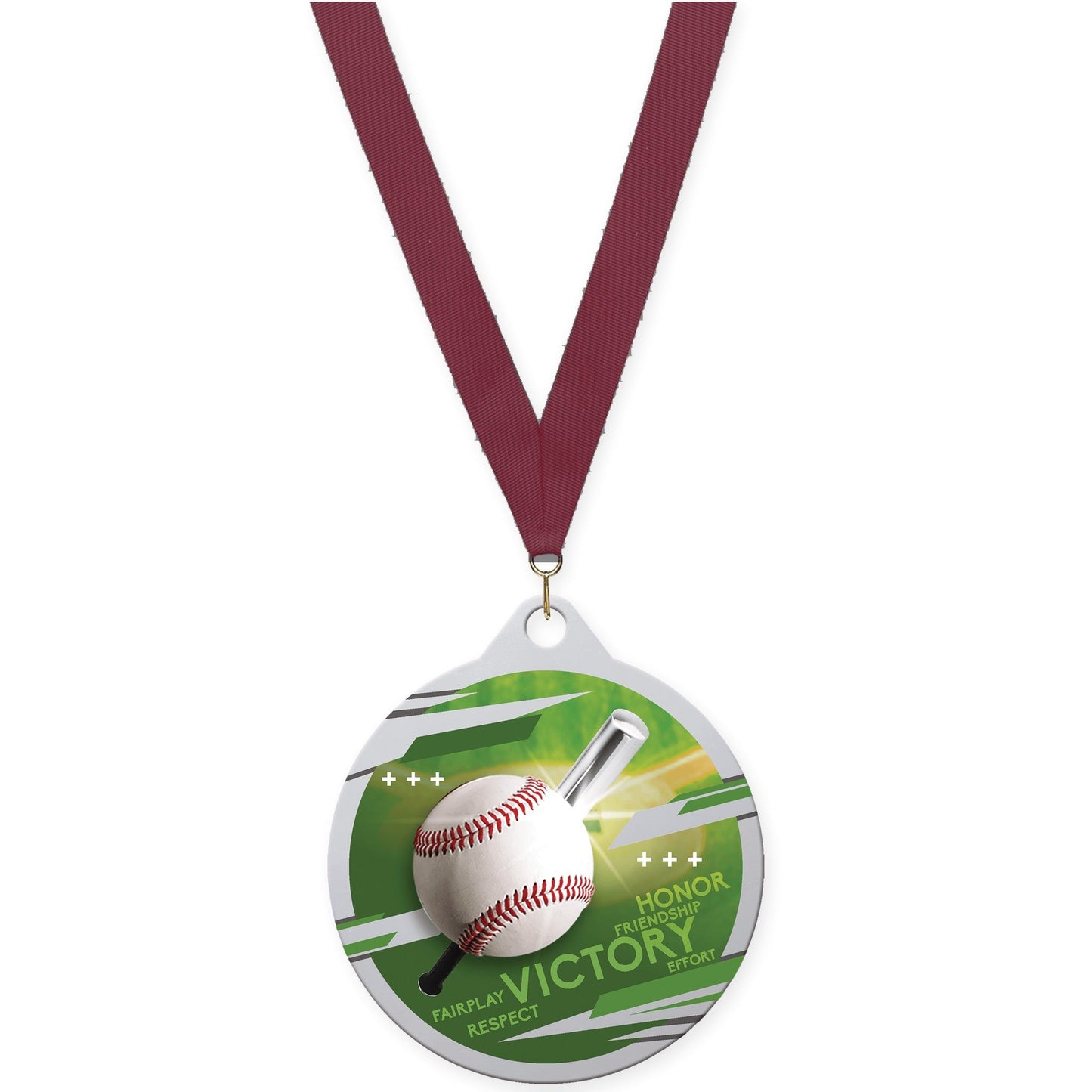 2 inch baseball Inspire medal in silver with Maroon neck ribbon