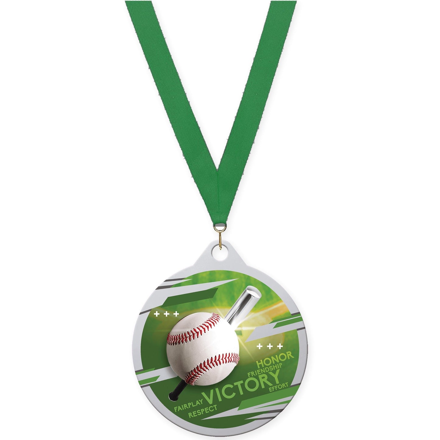 2 inch baseball Inspire medal in silver with Green neck ribbon
