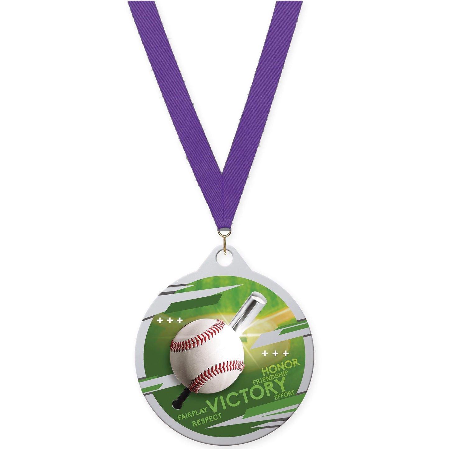 2 inch baseball Inspire medal in silver with Purple neck ribbon