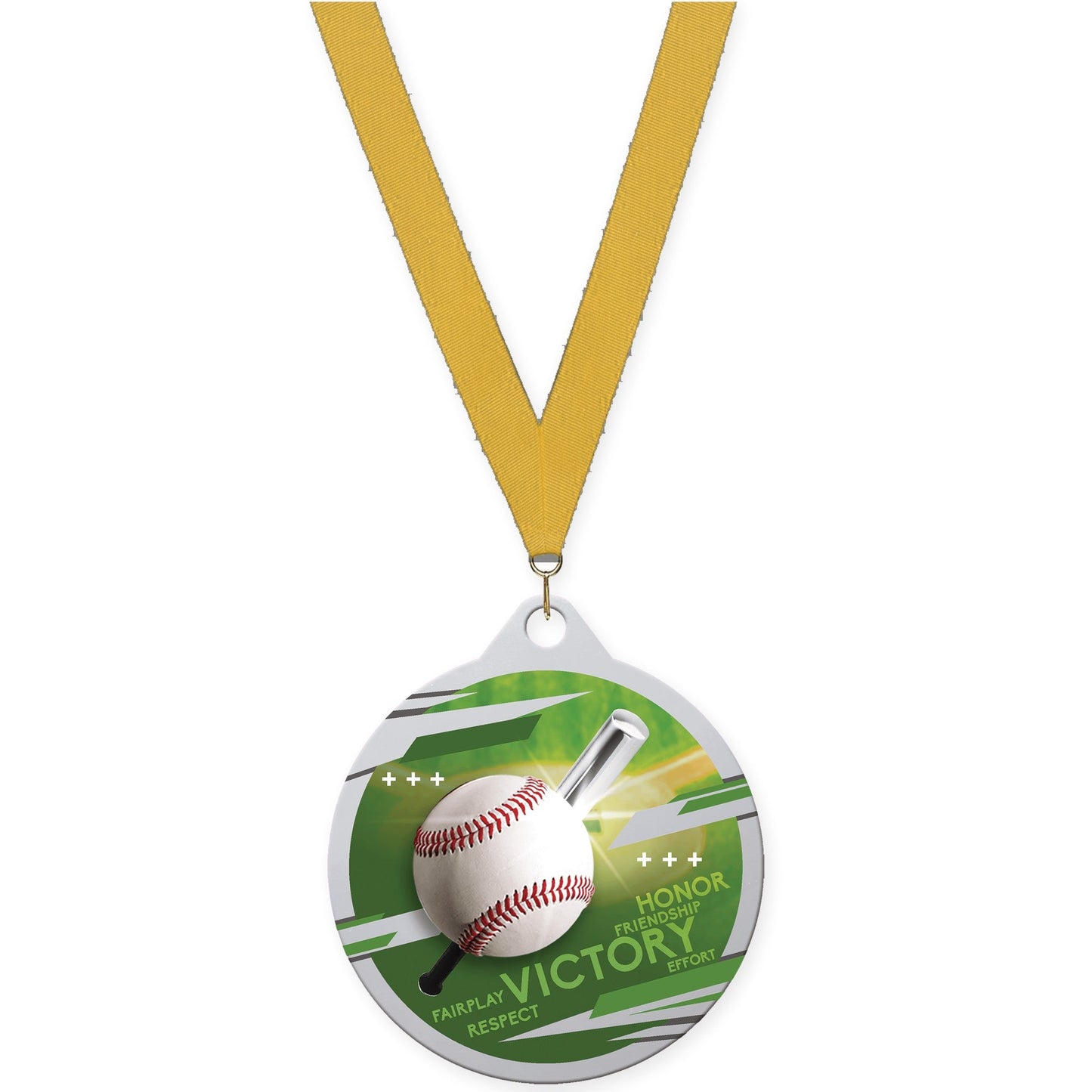 2 inch baseball Inspire medal in silver with Gold neck ribbon