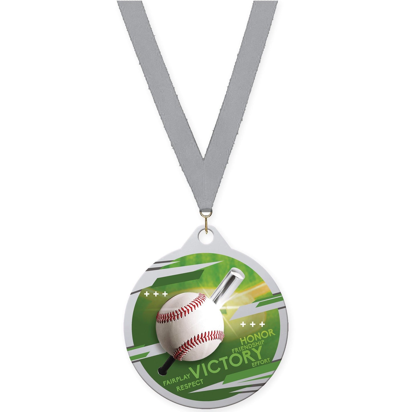 2 inch baseball Inspire medal in silver with Gray neck ribbon