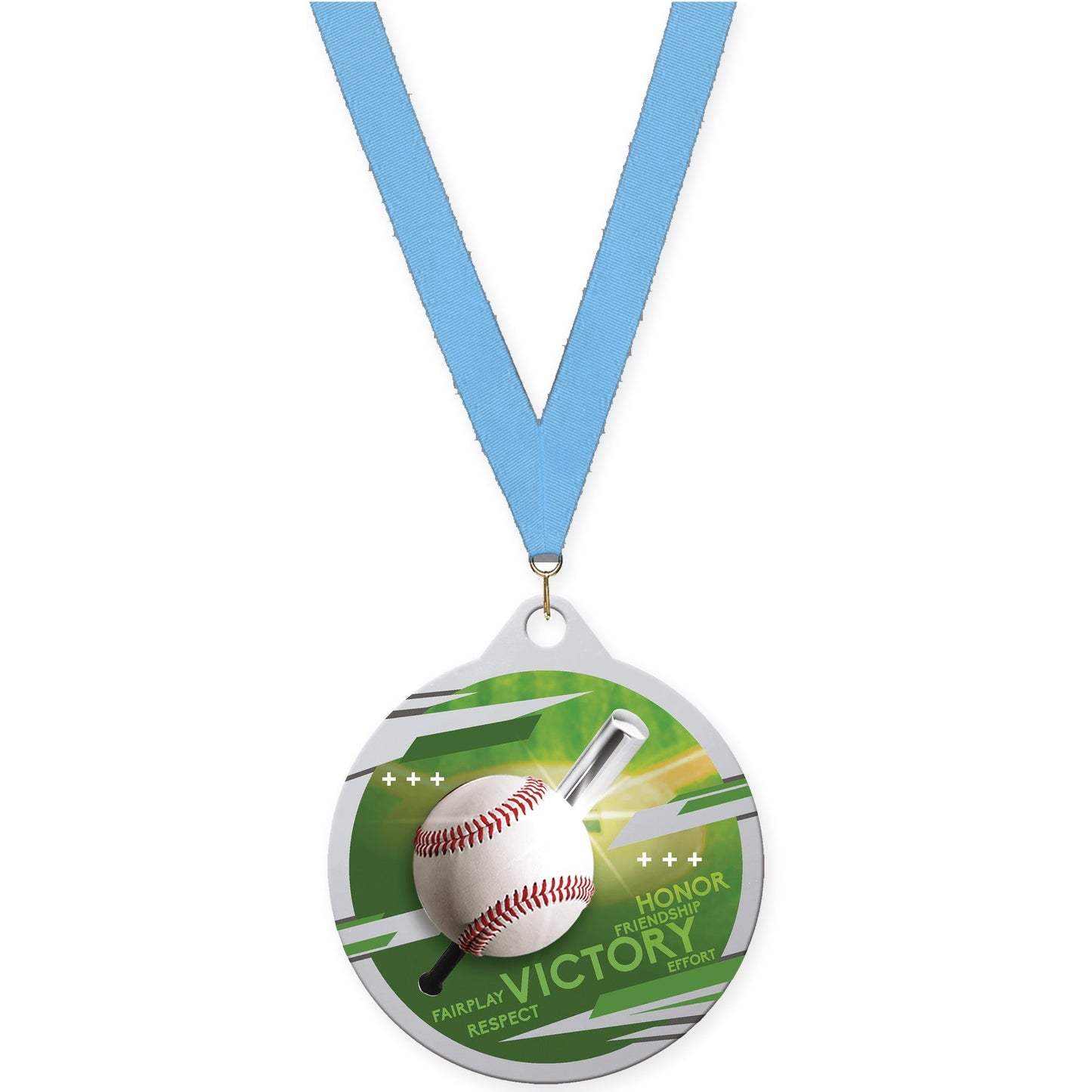 2 inch baseball Inspire medal in silver with Light Blue neck ribbon