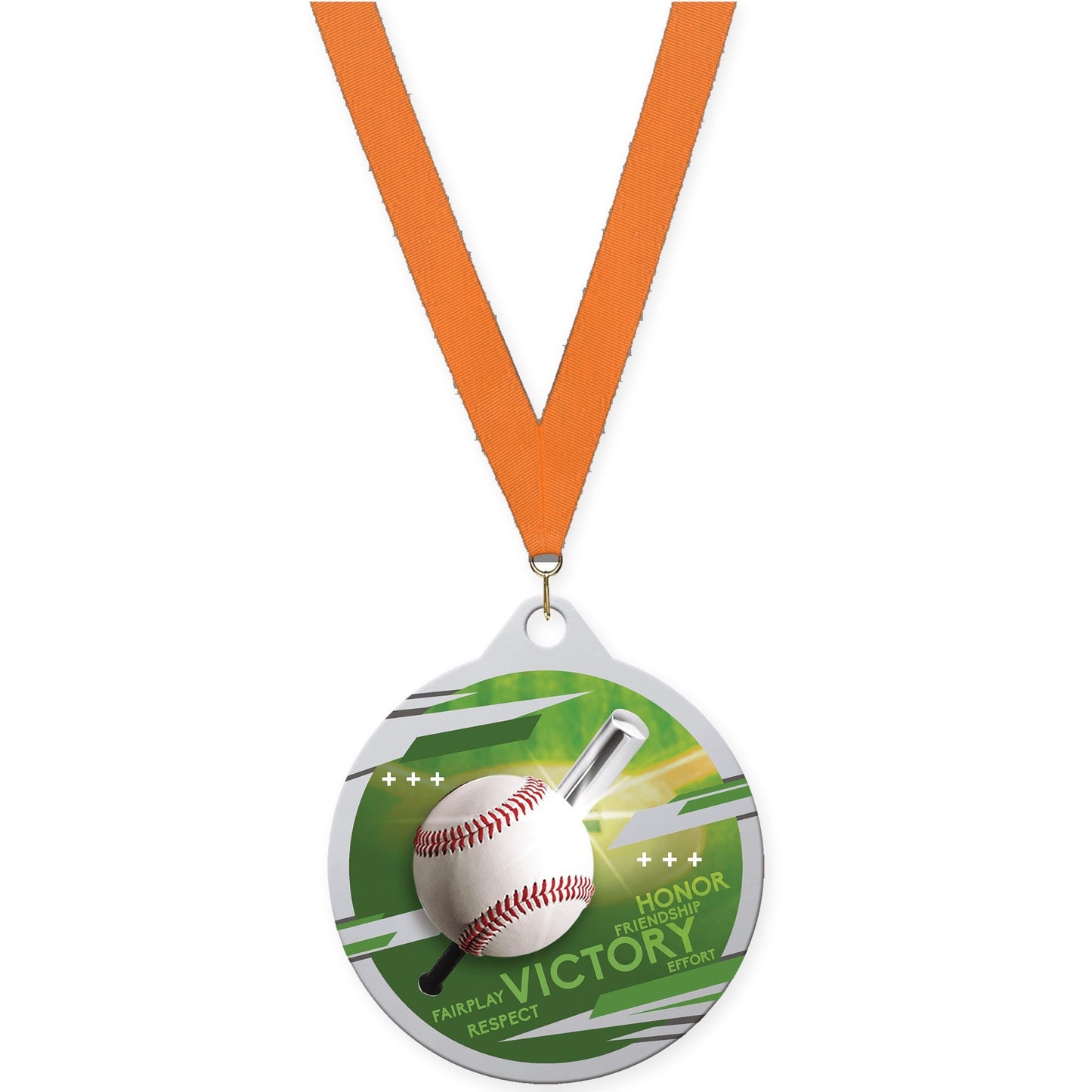 2 inch baseball Inspire medal in silver with Orange neck ribbon