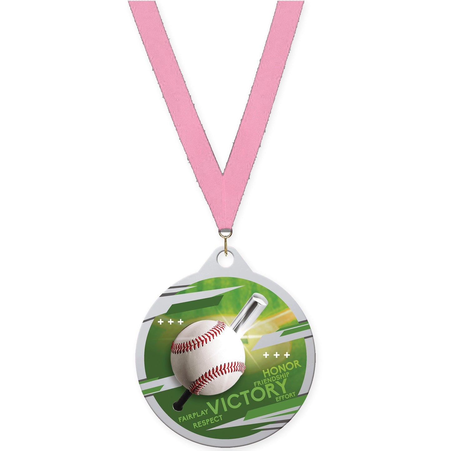 2 inch baseball Inspire medal in silver with Pink neck ribbon
