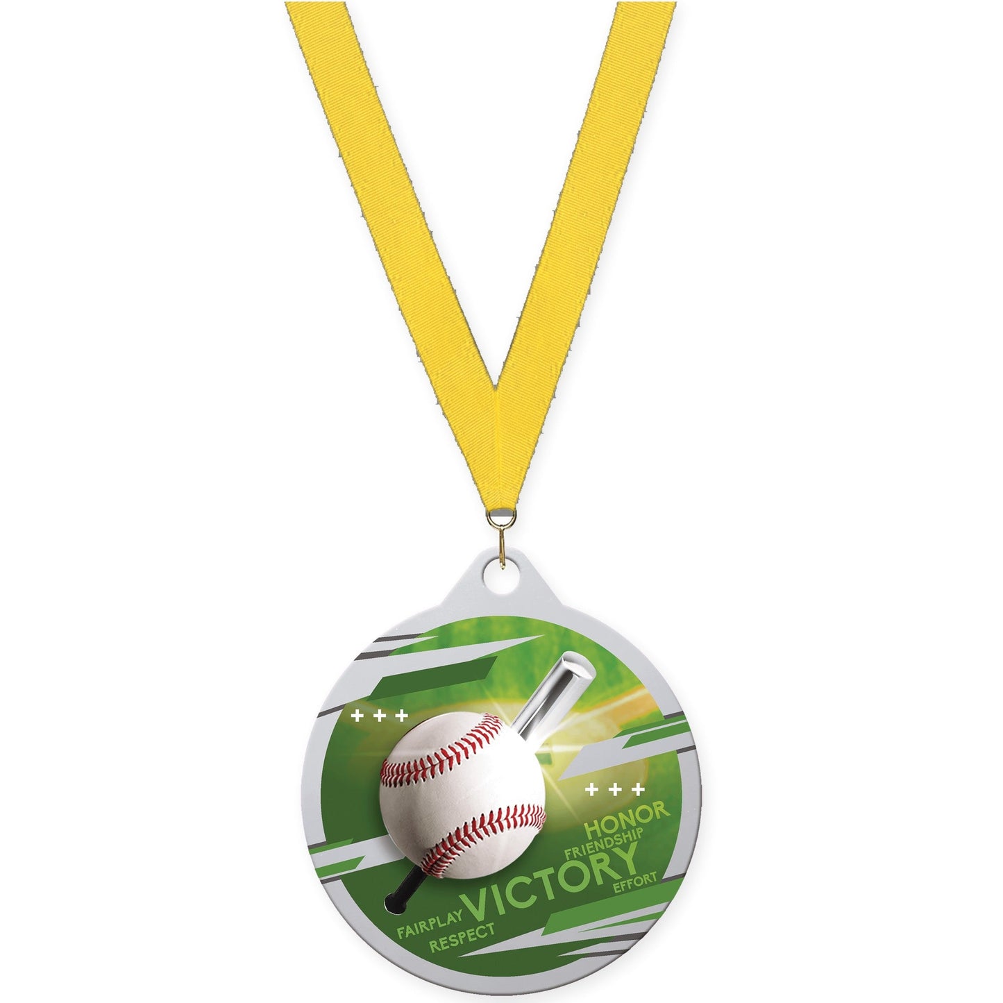 2 inch baseball Inspire medal in silver with Yellow neck ribbon