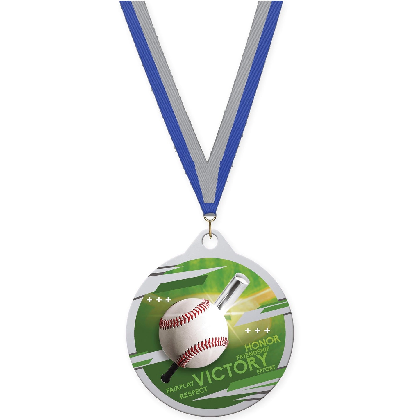 2 inch baseball Inspire medal in silver with Blue Gray neck ribbon