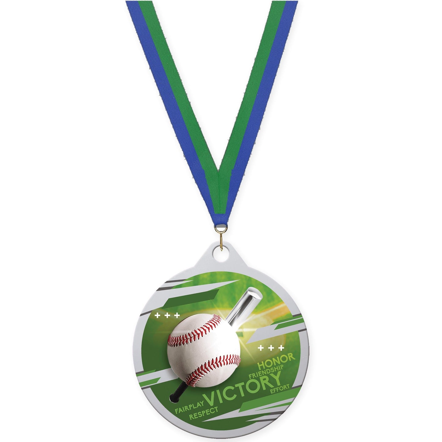 2 inch baseball Inspire medal in silver with Blue Green neck ribbon