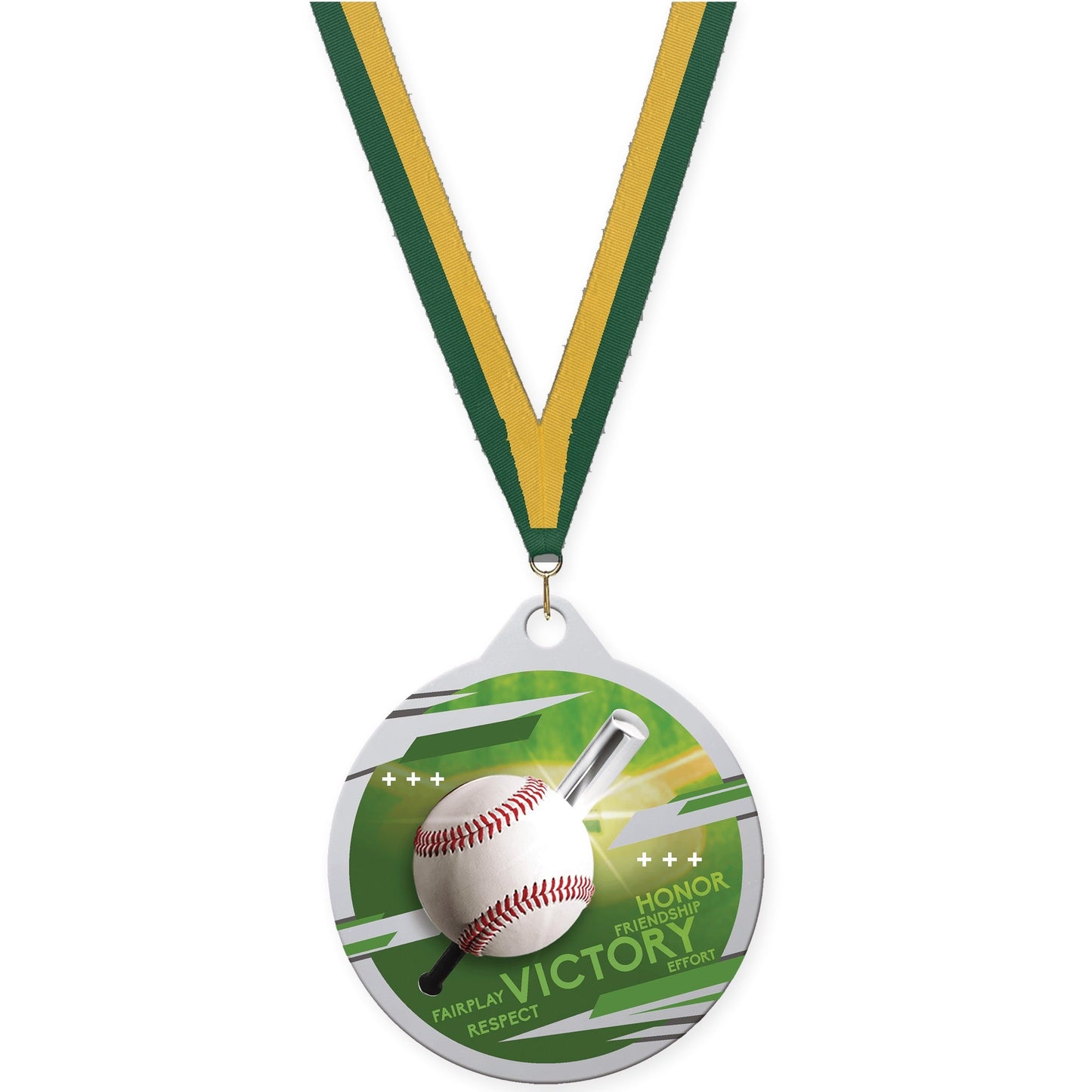 2 inch baseball Inspire medal in silver with Hunter Green Gold neck ribbon