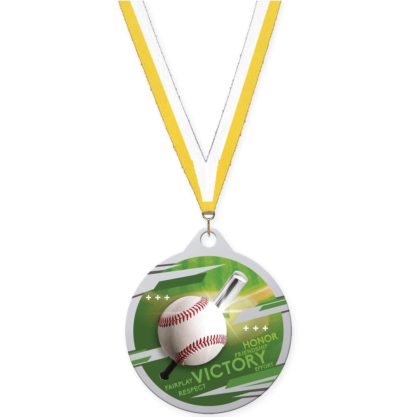 2 inch baseball Inspire medal in silver with Yellow White neck ribbon
