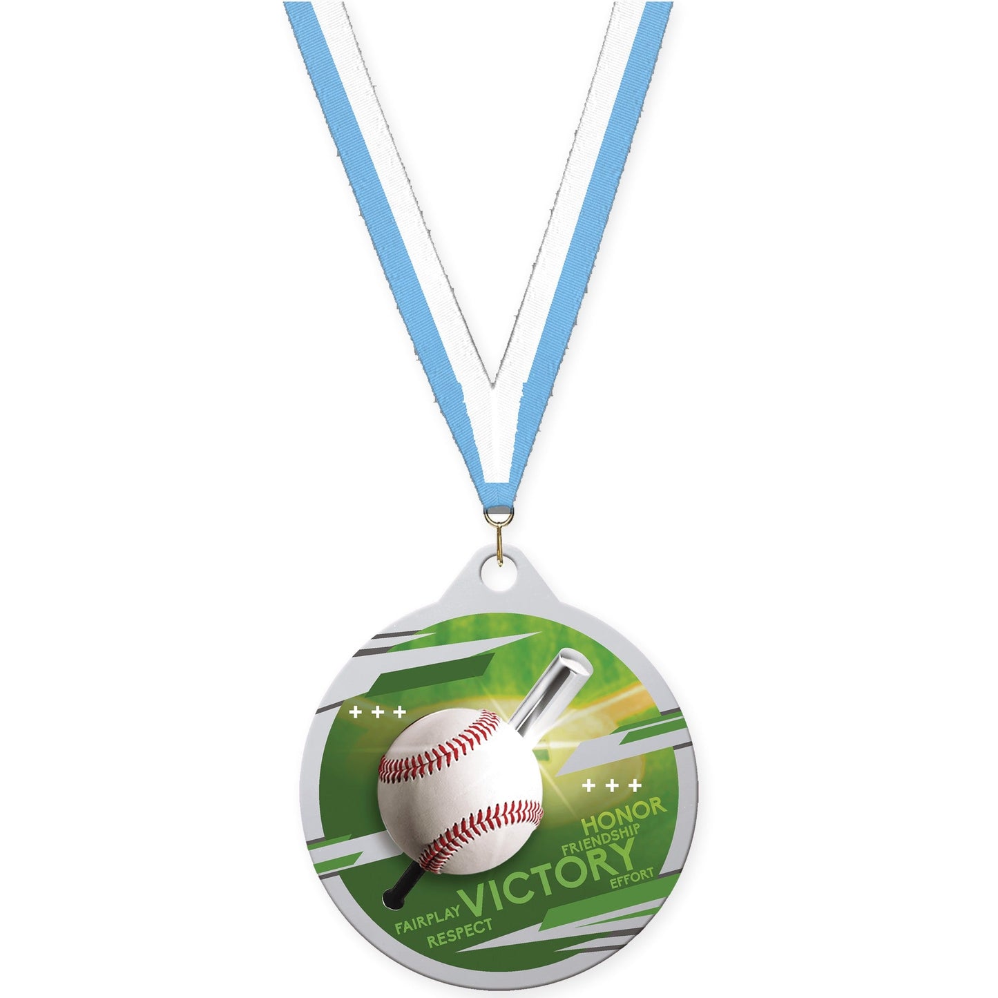 2 inch baseball Inspire medal in silver with Light Blue White neck ribbon