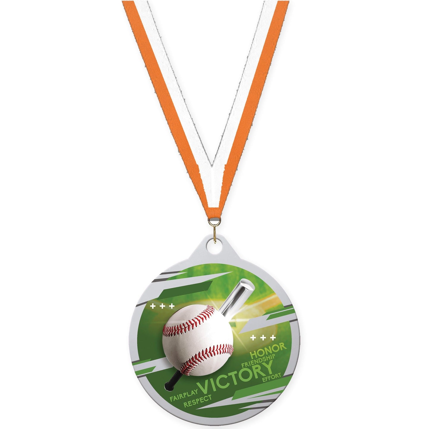 2 inch baseball Inspire medal in silver with Orange White neck ribbon