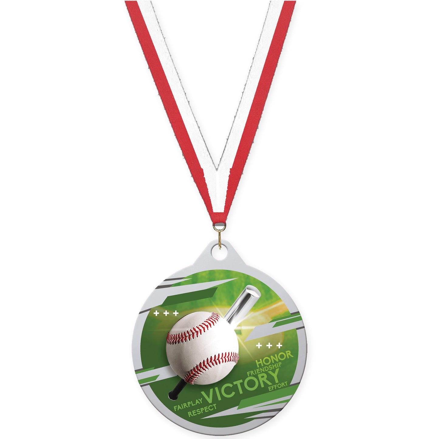 2 inch baseball Inspire medal in silver with Red White neck ribbon