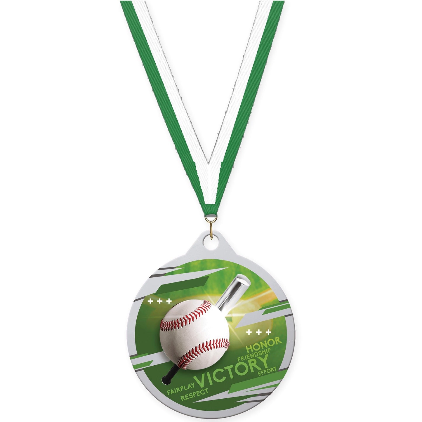 2 inch baseball Inspire medal in silver with Green White neck ribbon