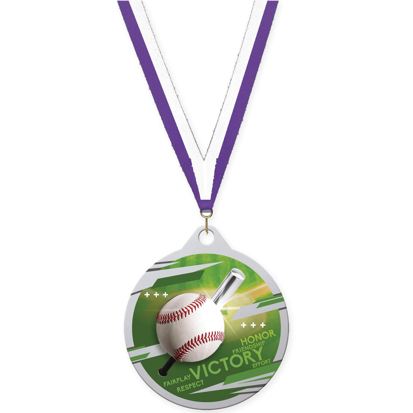 2 inch baseball Inspire medal in silver with Purple White neck ribbon
