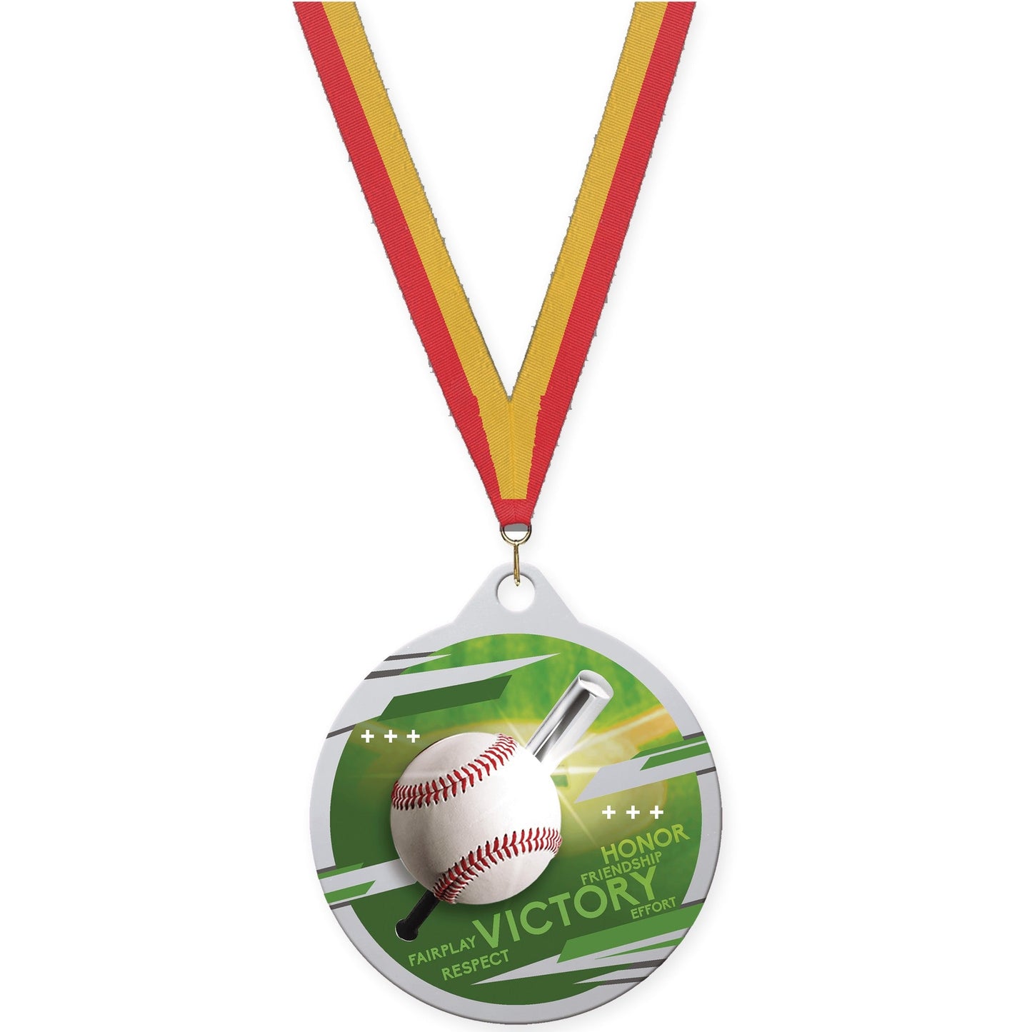 2 inch baseball Inspire medal in silver with Red Gold neck ribbon