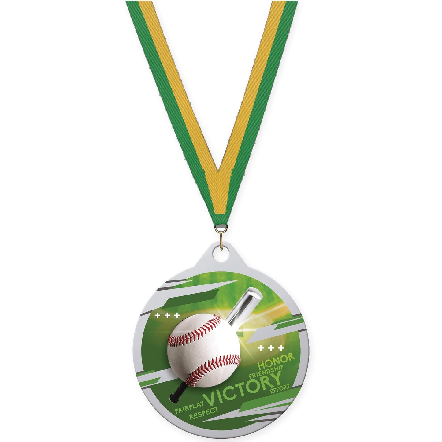 2 inch baseball Inspire medal in silver with Green Gold neck ribbon