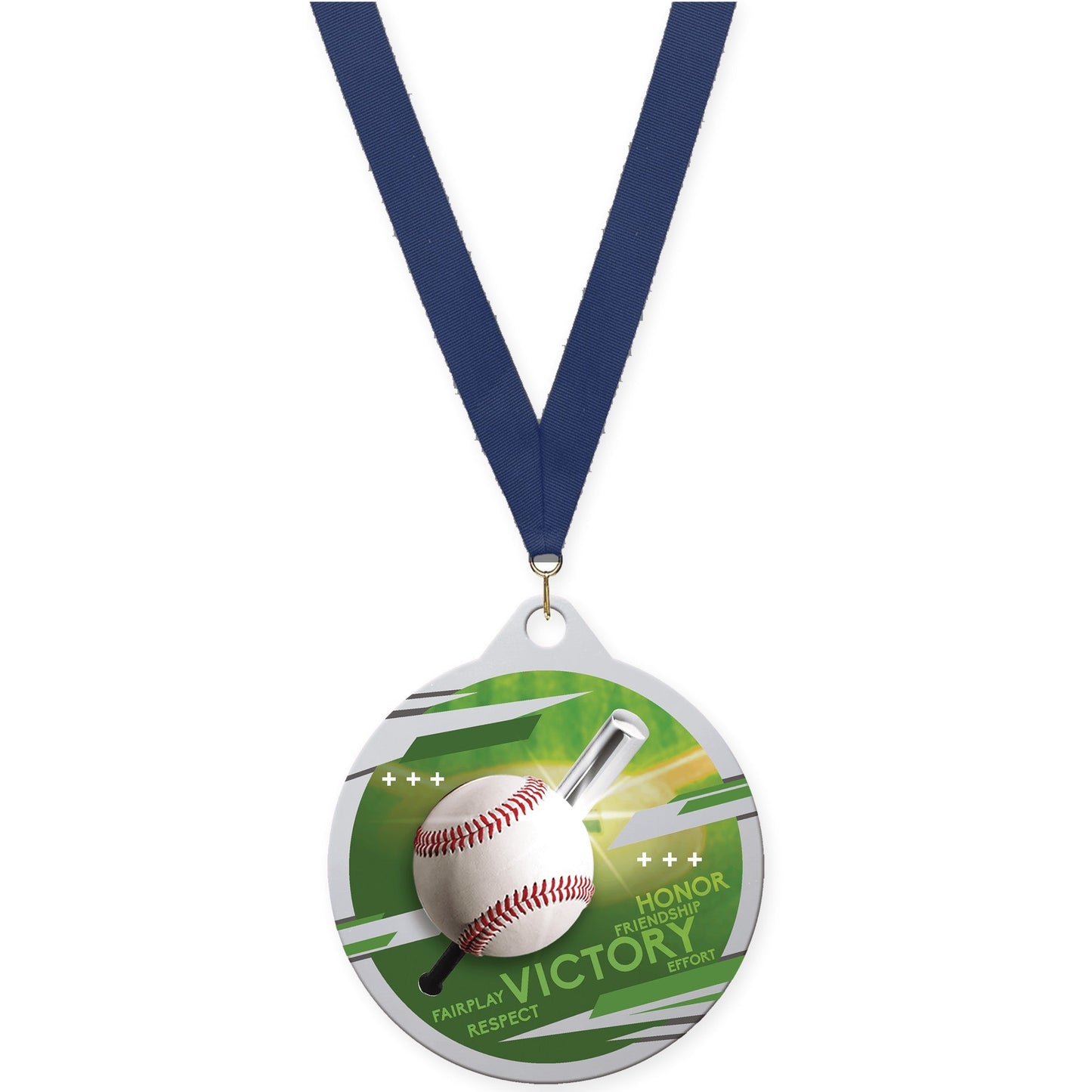 2 inch baseball Inspire medal in silver with Navy neck ribbon