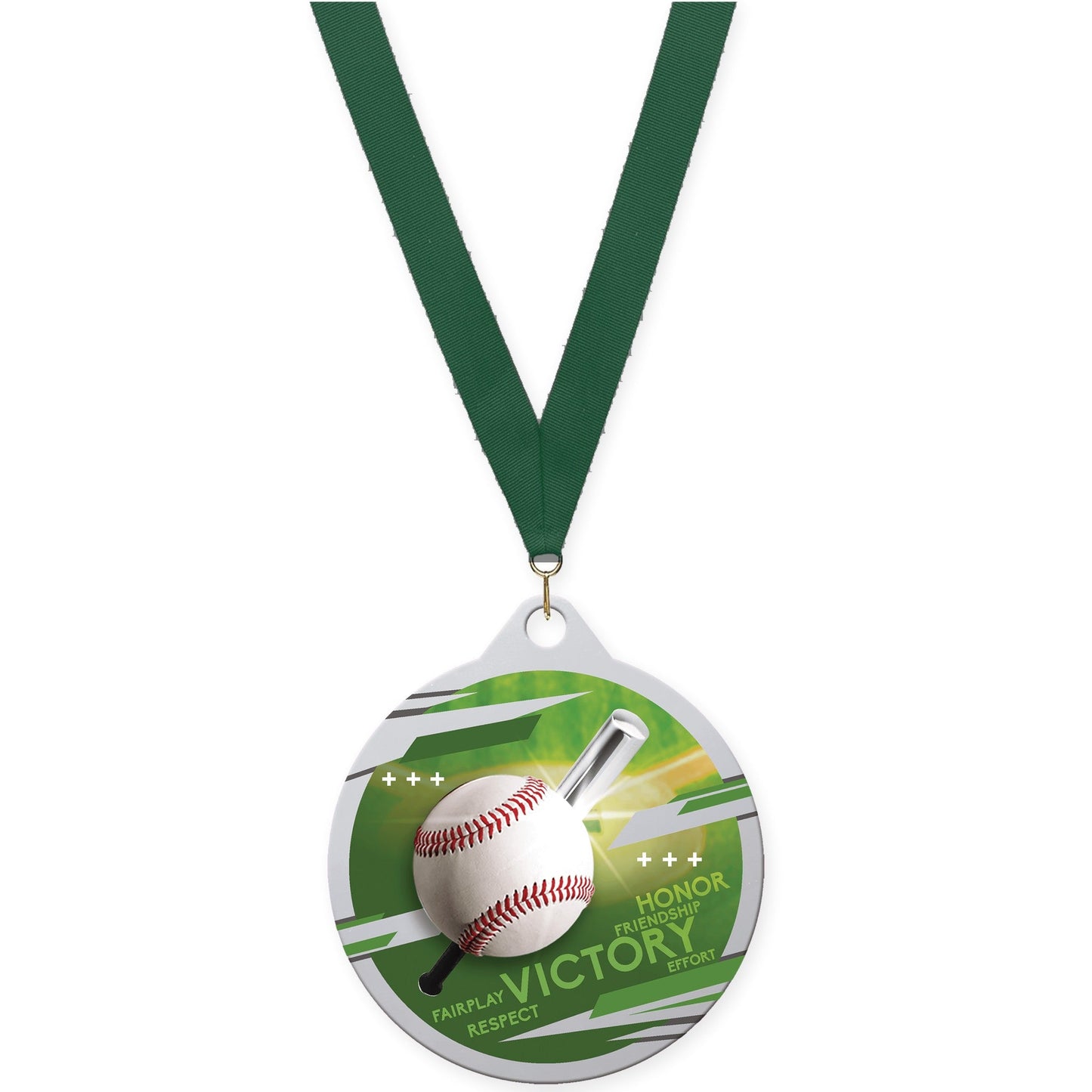 2 inch baseball Inspire medal in silver with Hunter Green neck ribbon