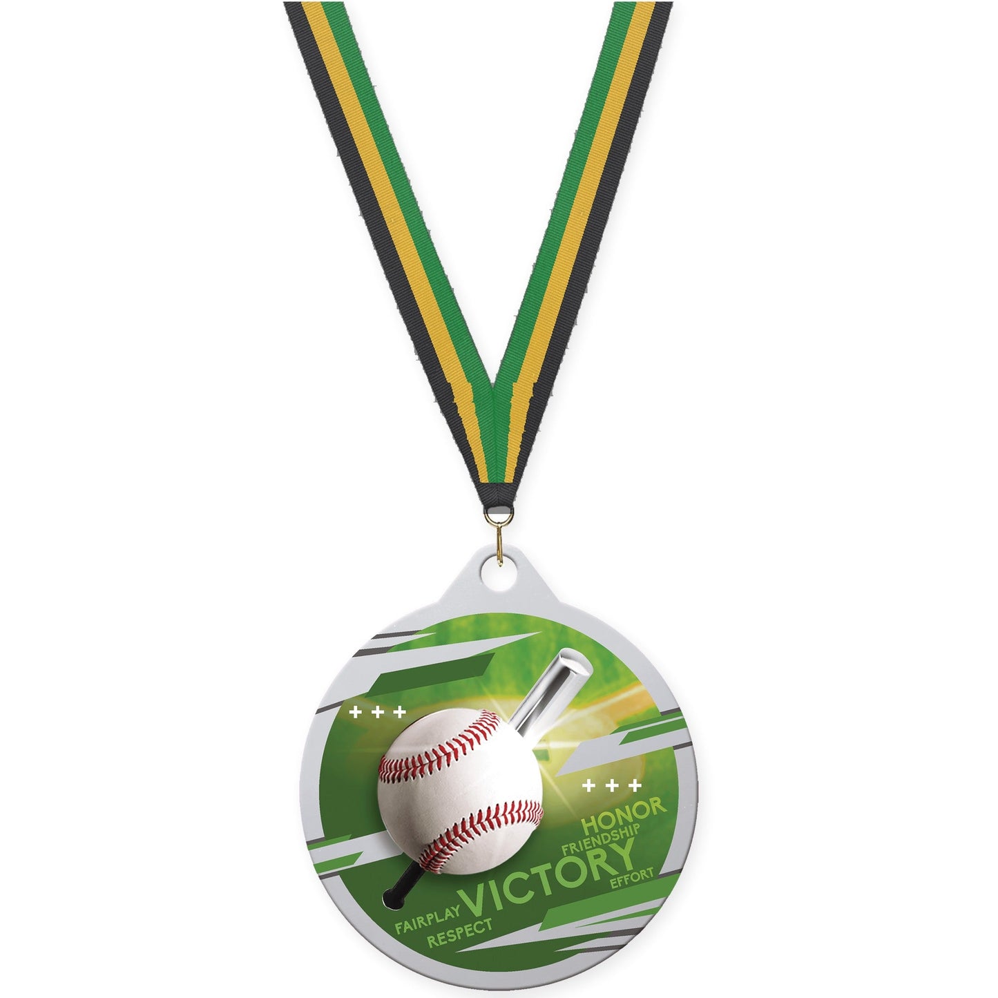 2 inch baseball Inspire medal in silver with Black Gold Green neck ribbon