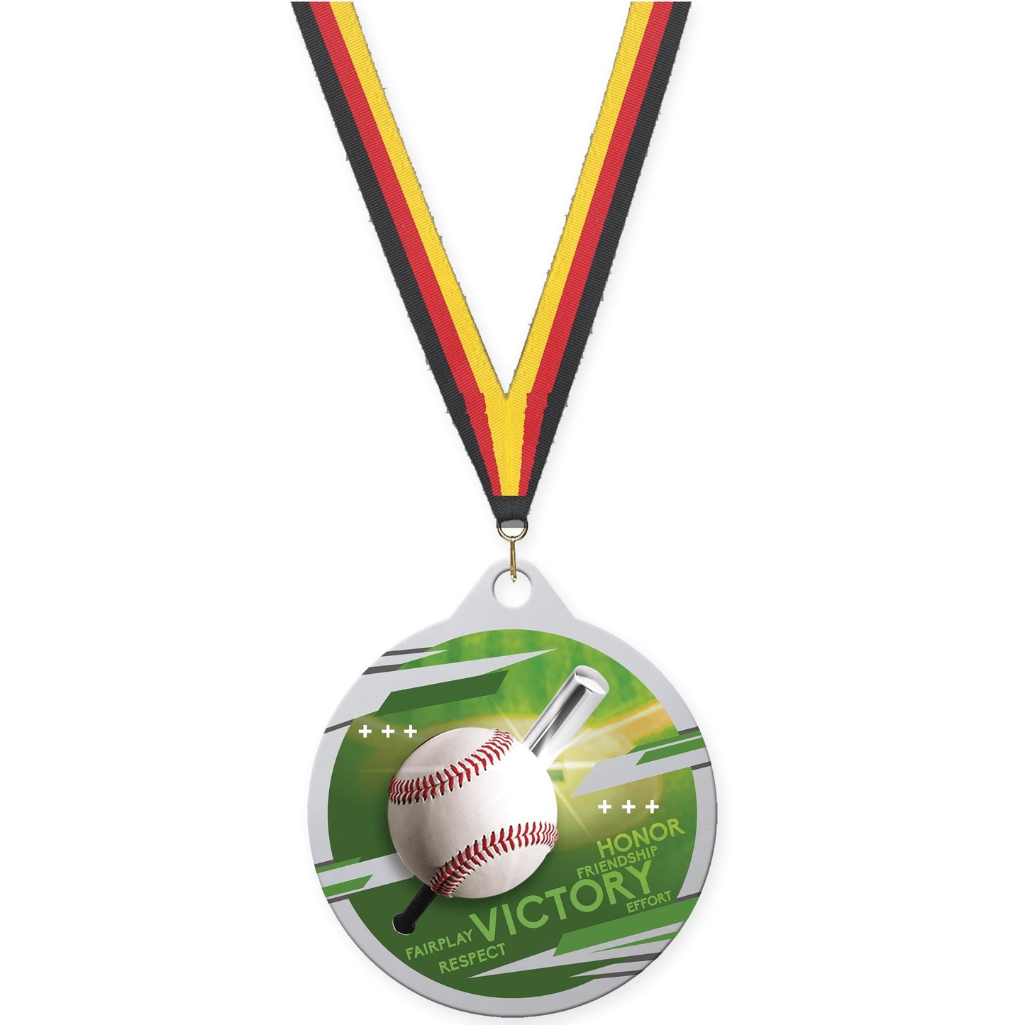 2 inch baseball Inspire medal in silver with Black Red Yellow neck ribbon