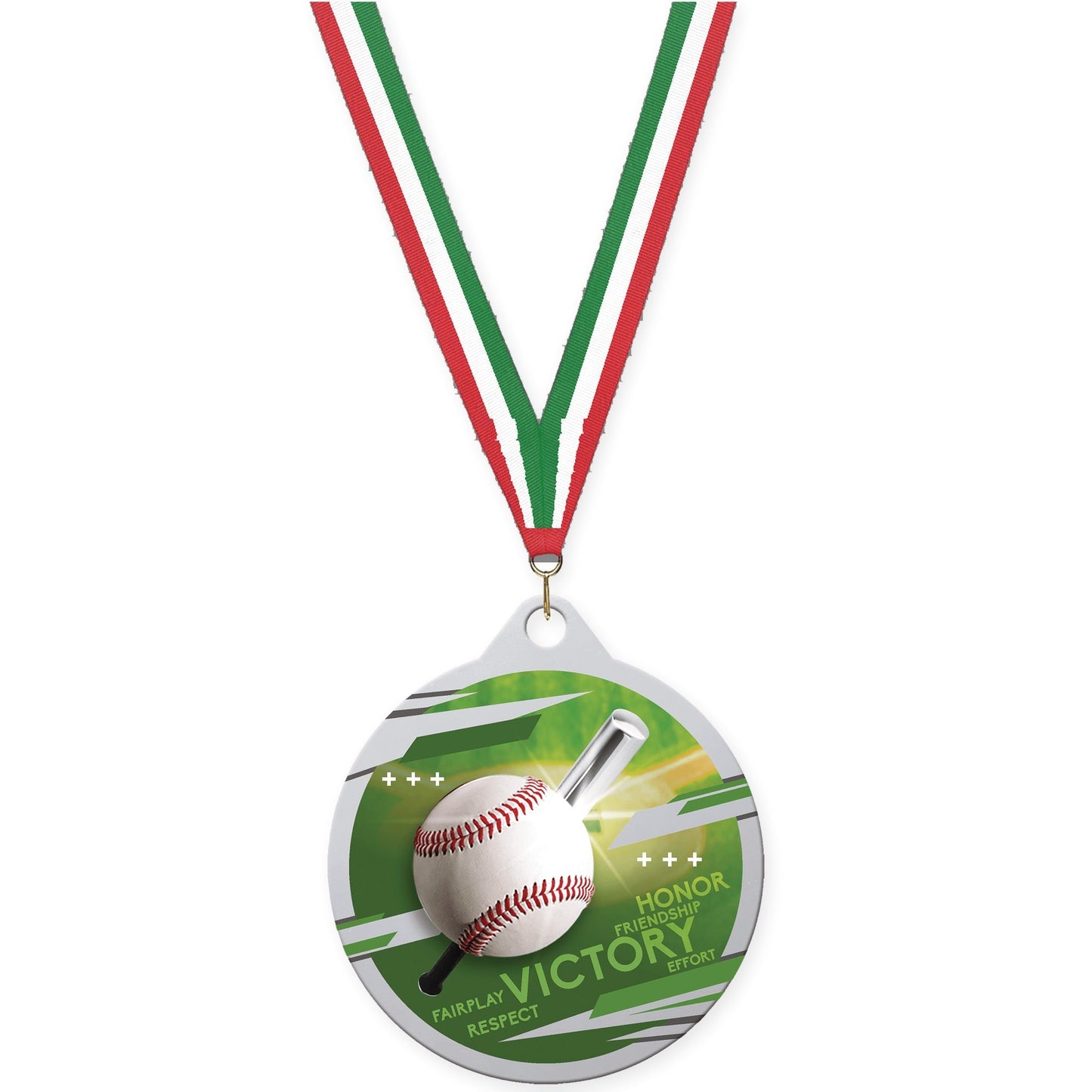 2 inch baseball Inspire medal in silver with Red White Green neck ribbon