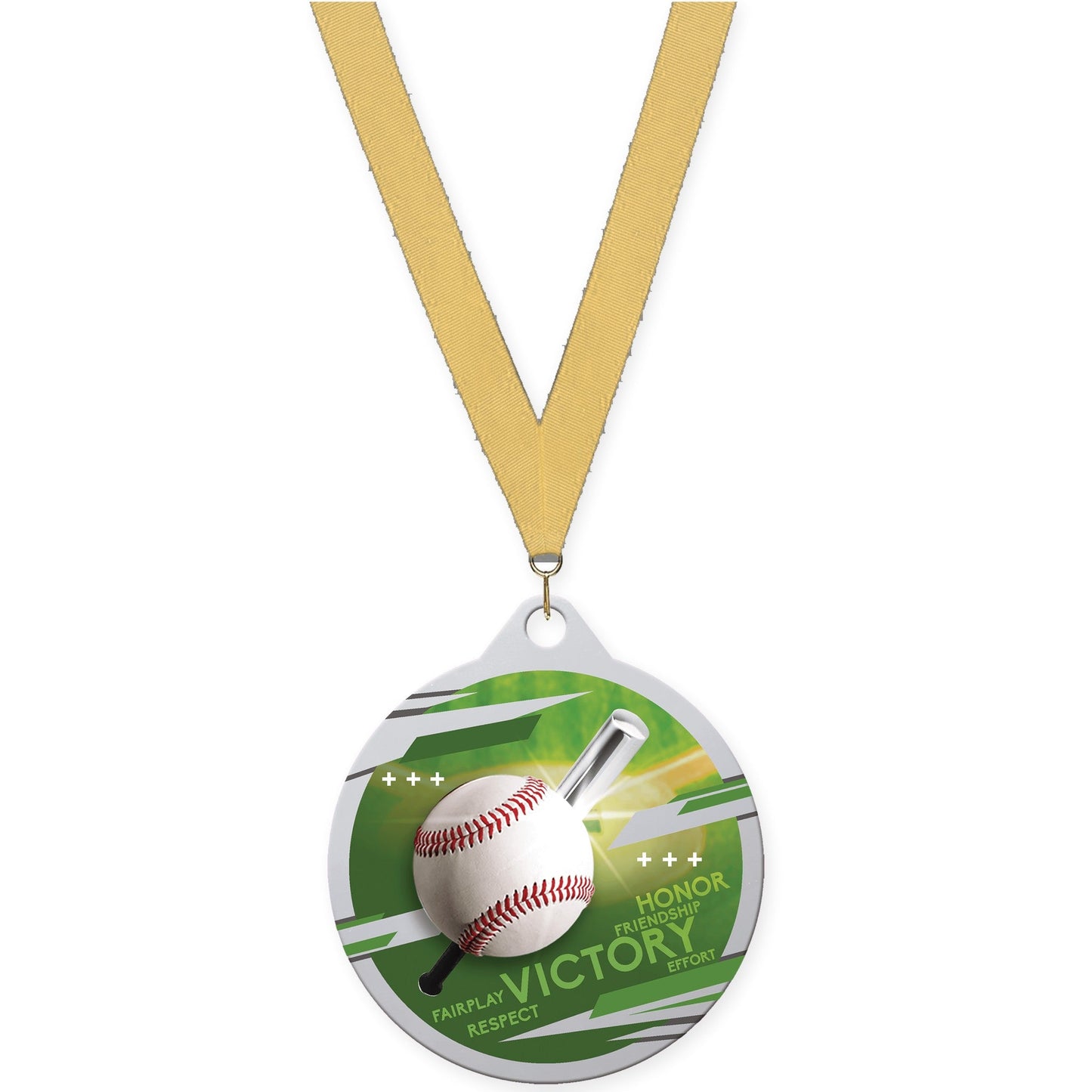 2 inch baseball Inspire medal in silver with Gold Metallic neck ribbon