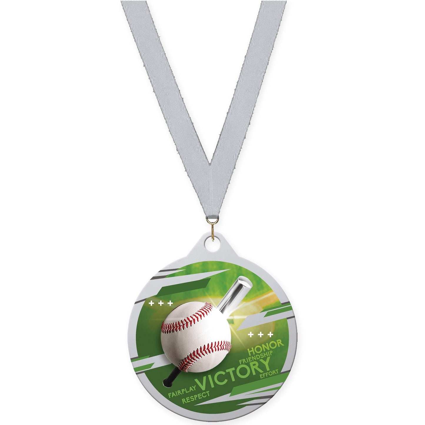 2 inch baseball Inspire medal in silver with Silver Metallic neck ribbon