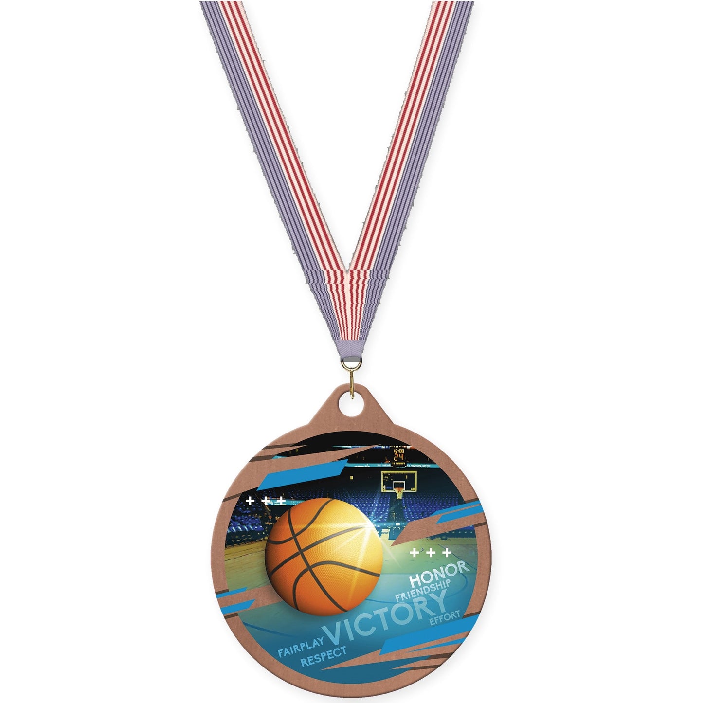 2 inch basketball Inspire medal in bronze with USA Flag neck ribbon