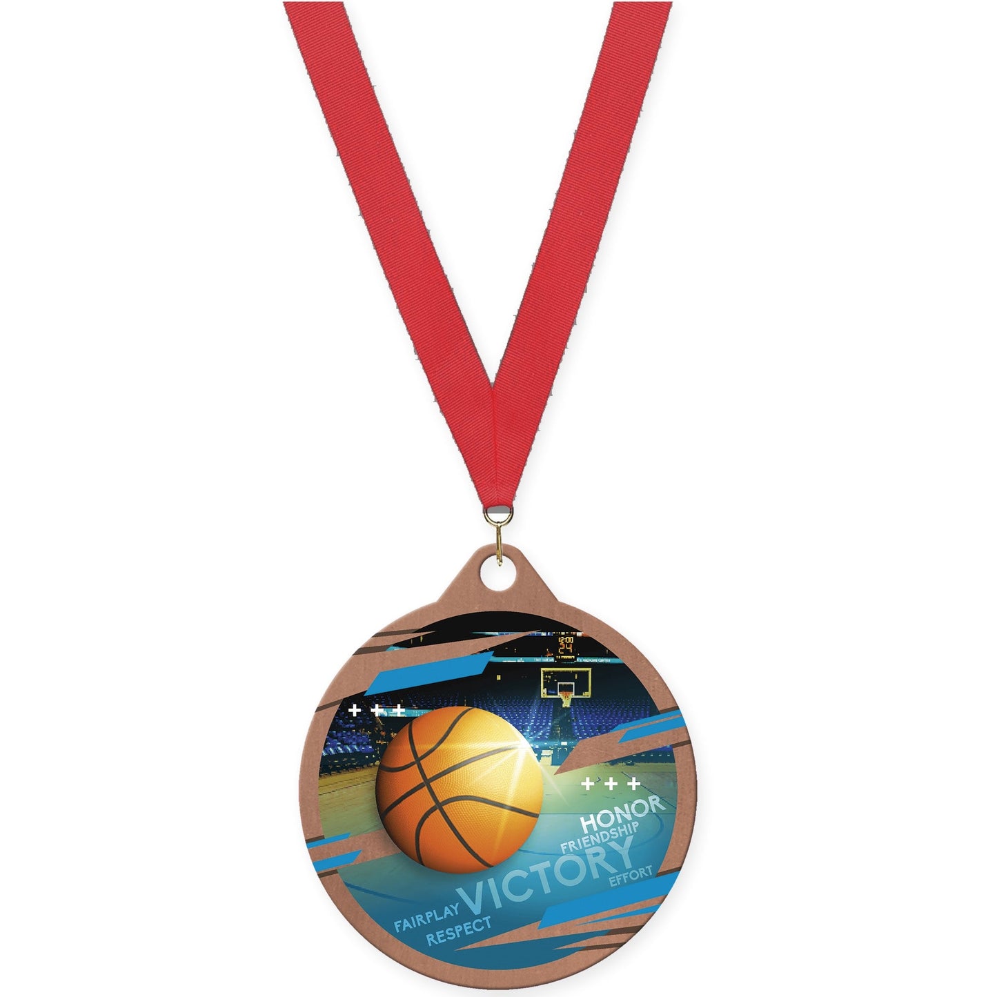 2 inch basketball Inspire medal in bronze with Red neck ribbon