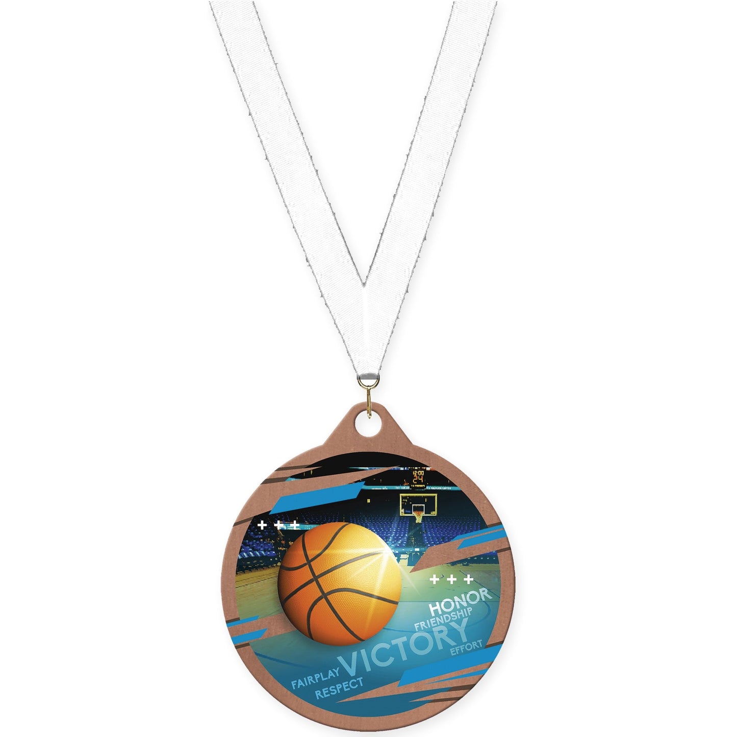 2 inch basketball Inspire medal in bronze with White neck ribbon