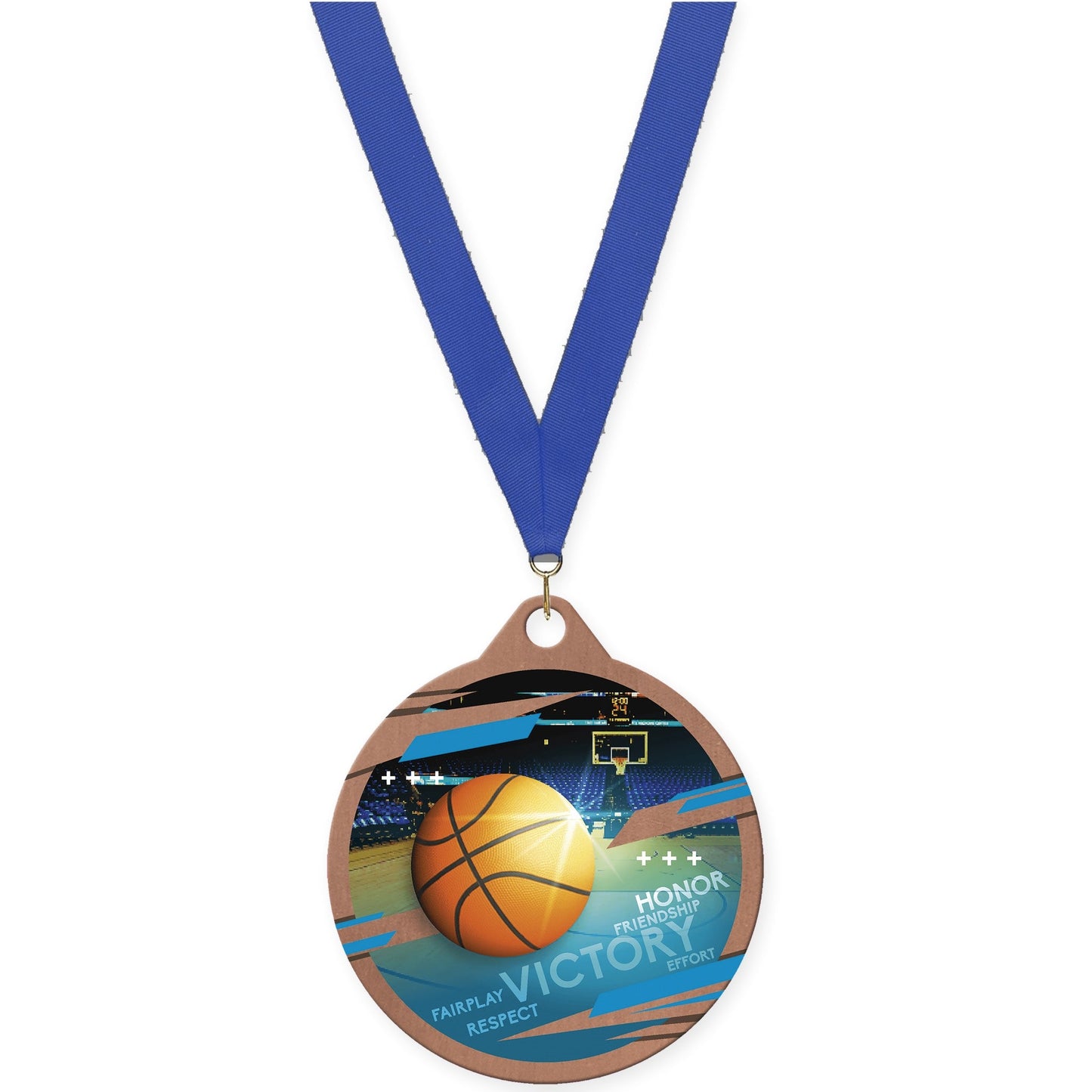 2 inch basketball Inspire medal in bronze with Blue neck ribbon