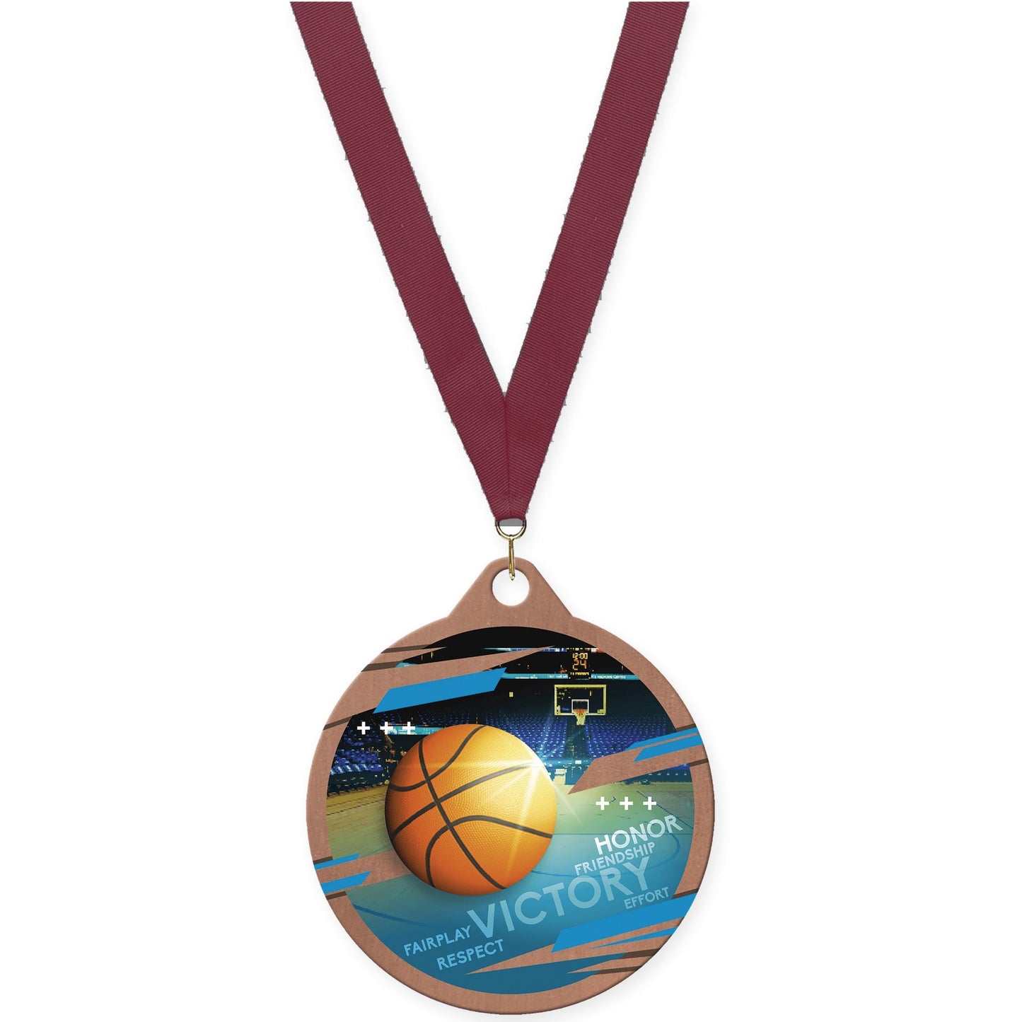2 inch basketball Inspire medal in bronze with Maroon neck ribbon