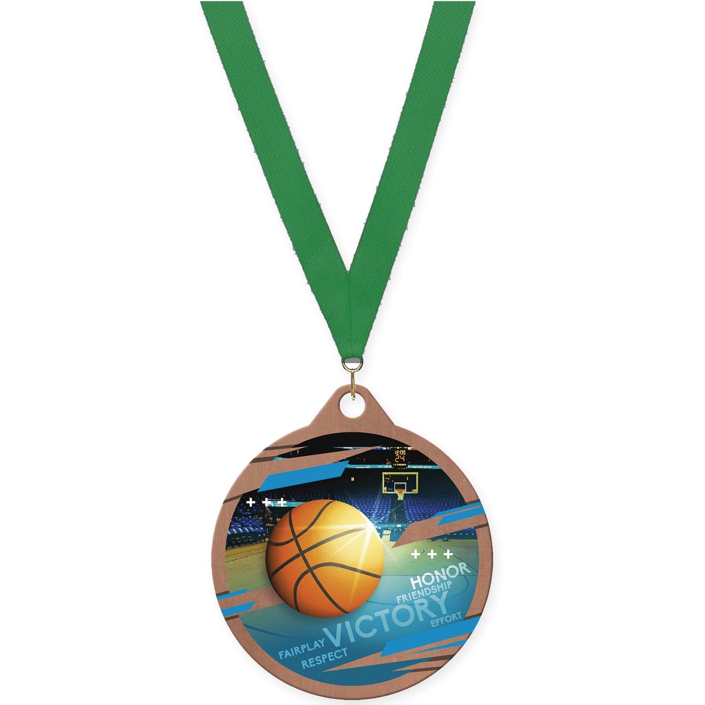 2 inch basketball Inspire medal in bronze with Green neck ribbon