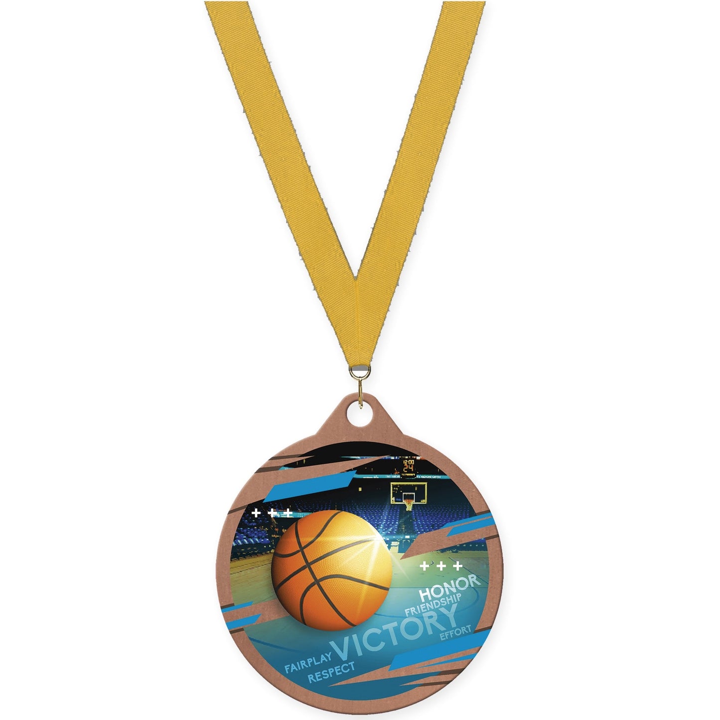 2 inch basketball Inspire medal in bronze with Gold neck ribbon