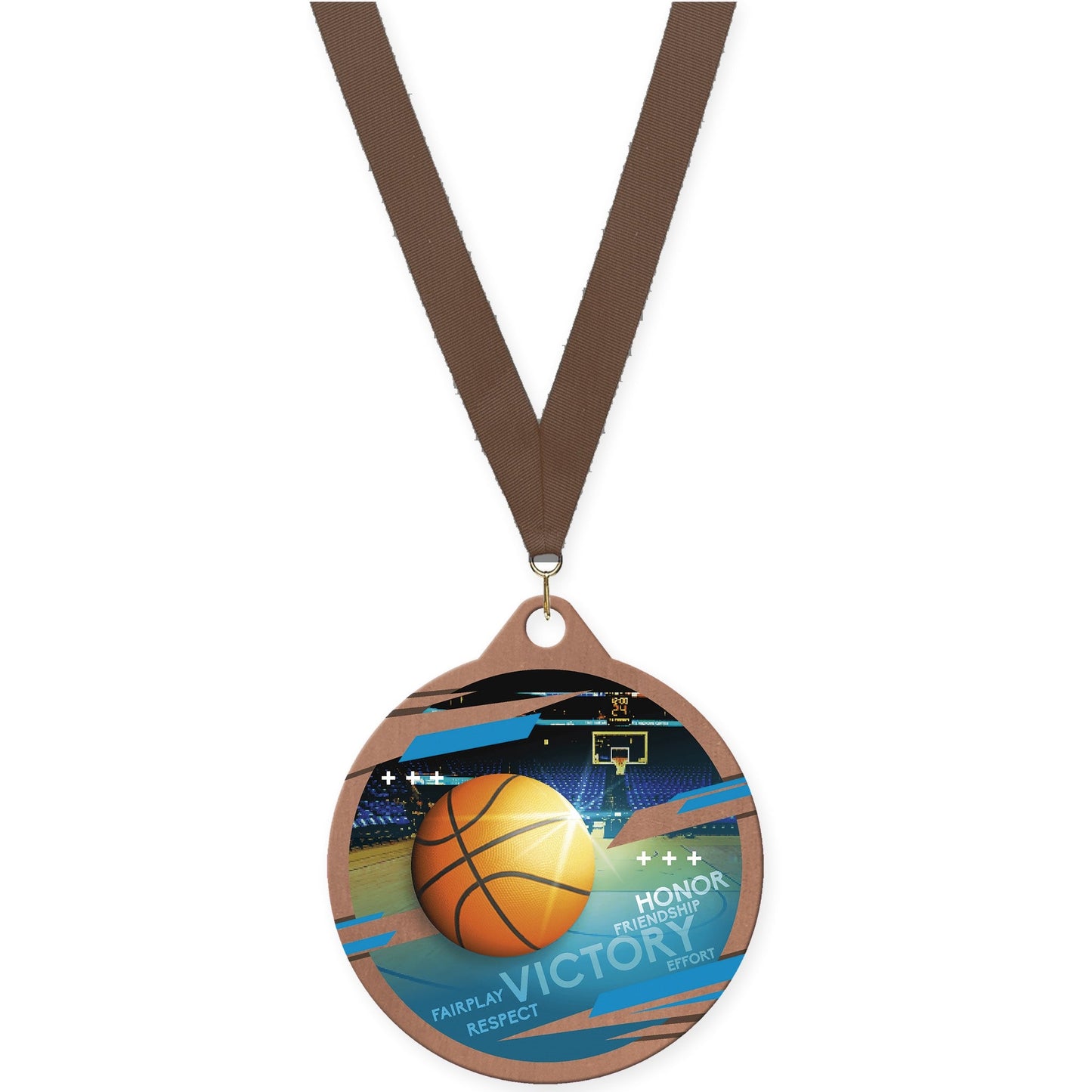 2 inch basketball Inspire medal in bronze with Brown neck ribbon