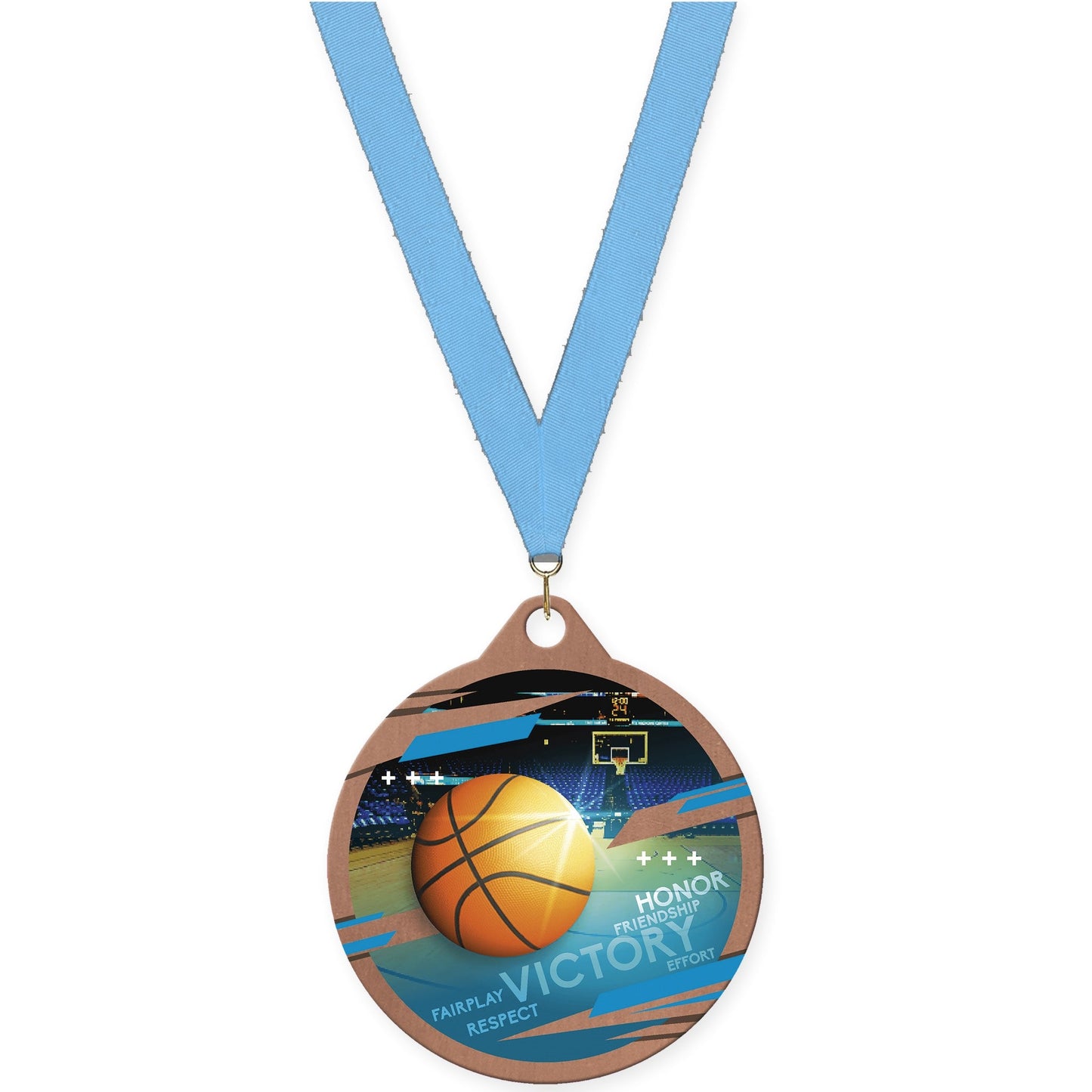2 inch basketball Inspire medal in bronze with Light Blue neck ribbon