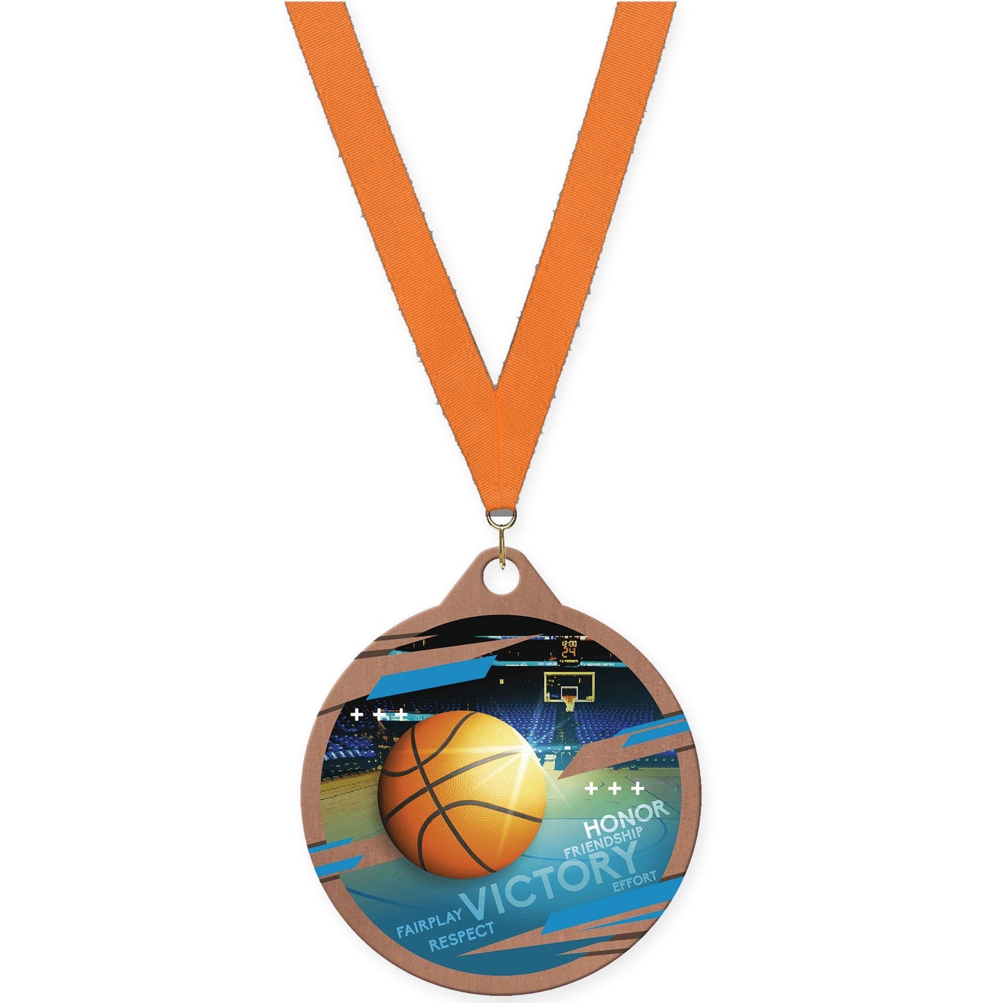 2 inch basketball Inspire medal in bronze with Orange neck ribbon