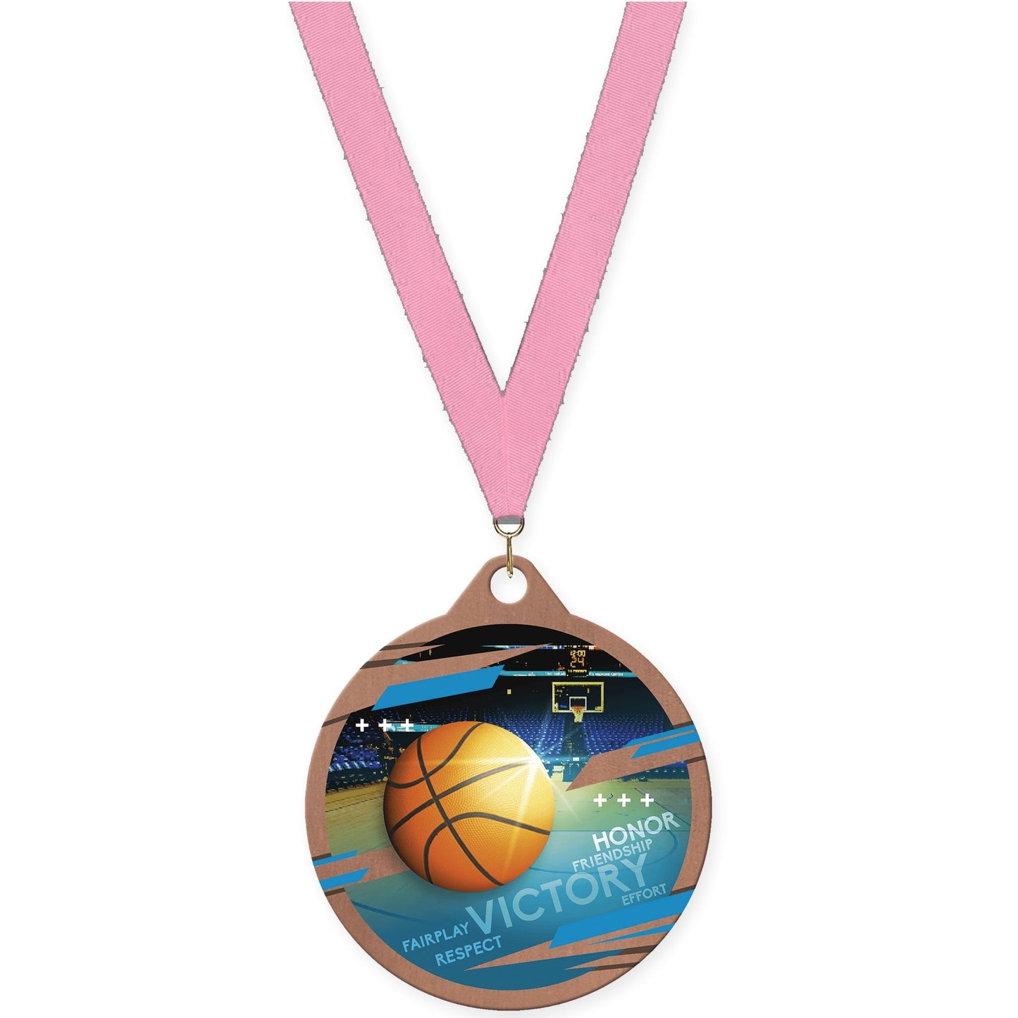 2 inch basketball Inspire medal in bronze with Pink neck ribbon