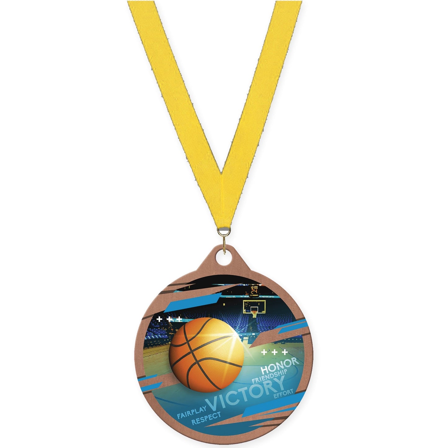 2 inch basketball Inspire medal in bronze with Yellow neck ribbon
