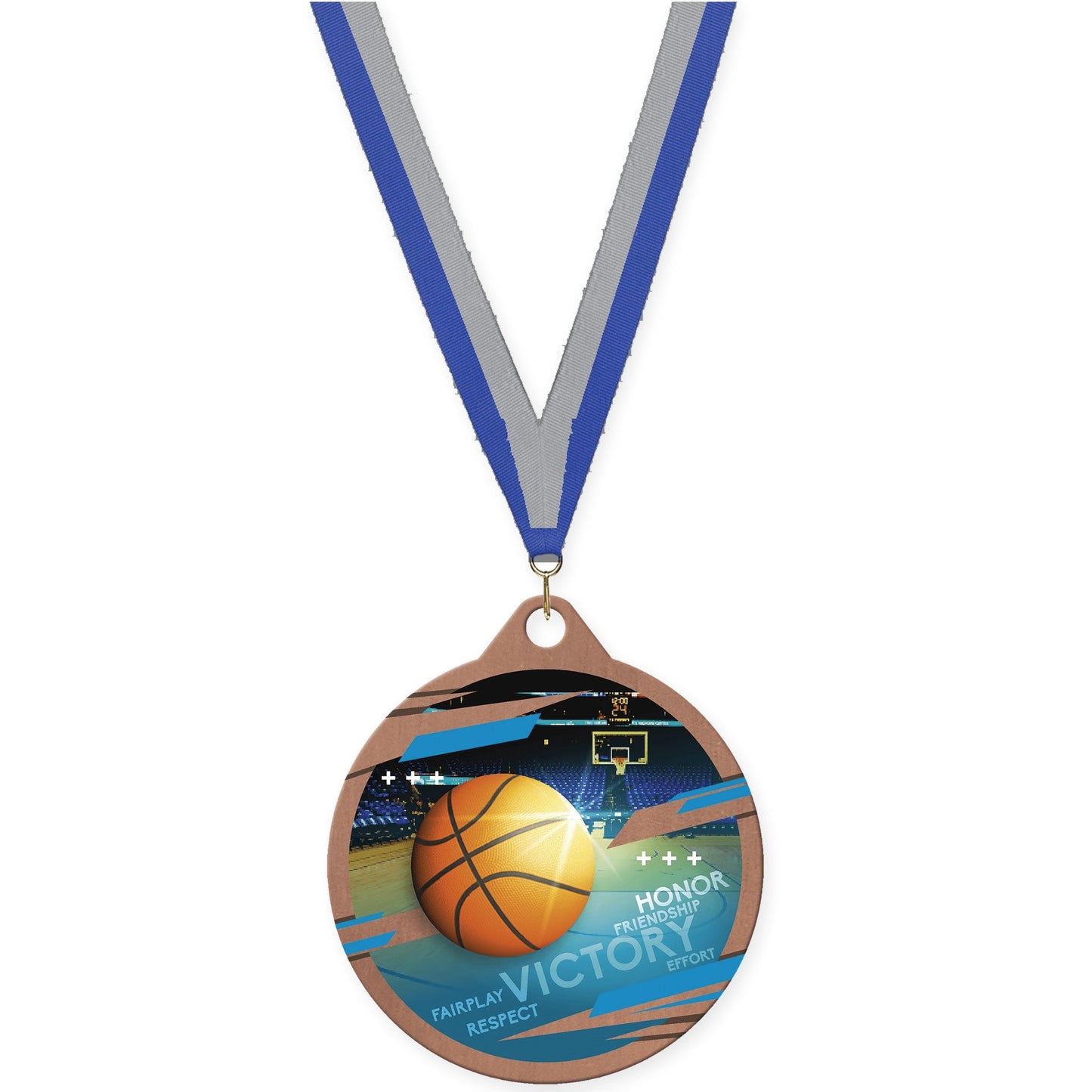 2 inch basketball Inspire medal in bronze with Blue Gray neck ribbon