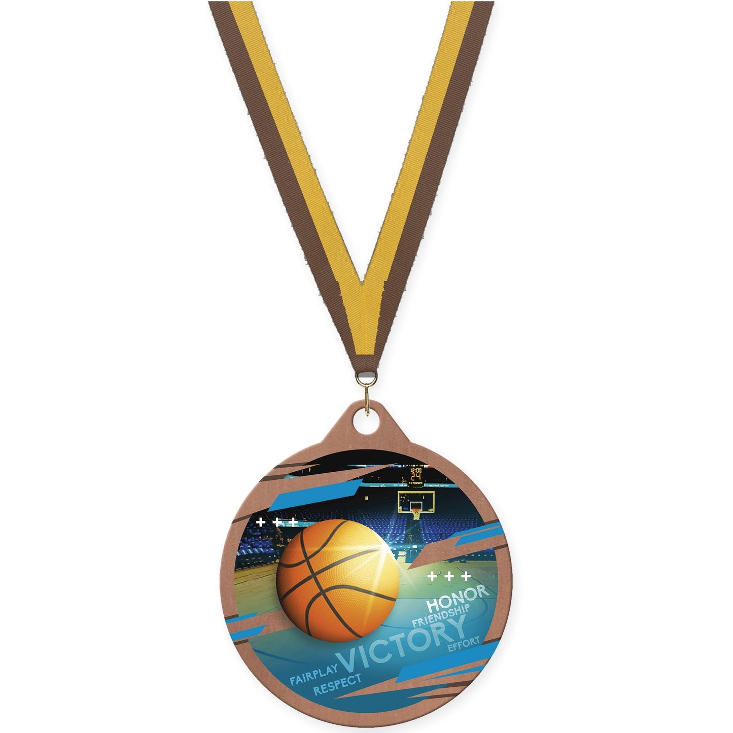 2 inch basketball Inspire medal in bronze with Brown Gold neck ribbon
