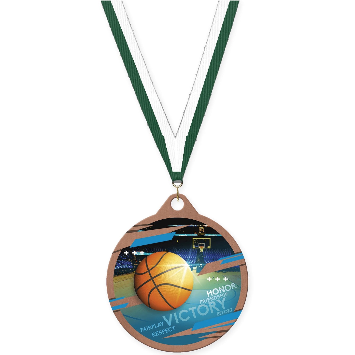 2 inch basketball Inspire medal in bronze with Hunter Green White neck ribbon