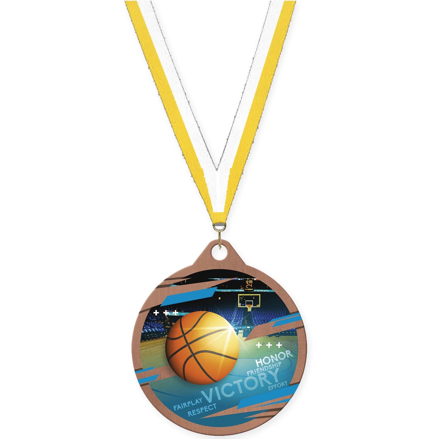 2 inch basketball Inspire medal in bronze with Yellow White neck ribbon